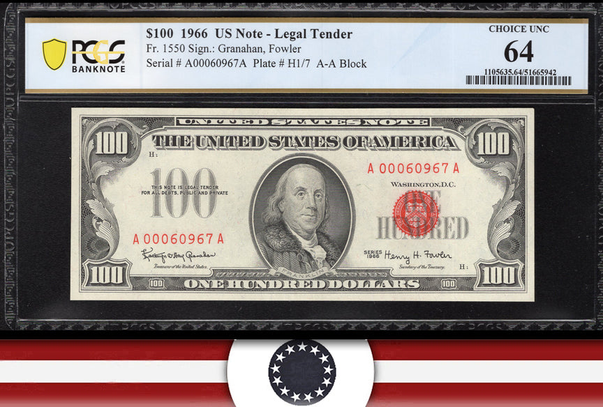 1966 $100 LEGAL TENDER RED SEAL PCGS 64 Fr 1550 60967