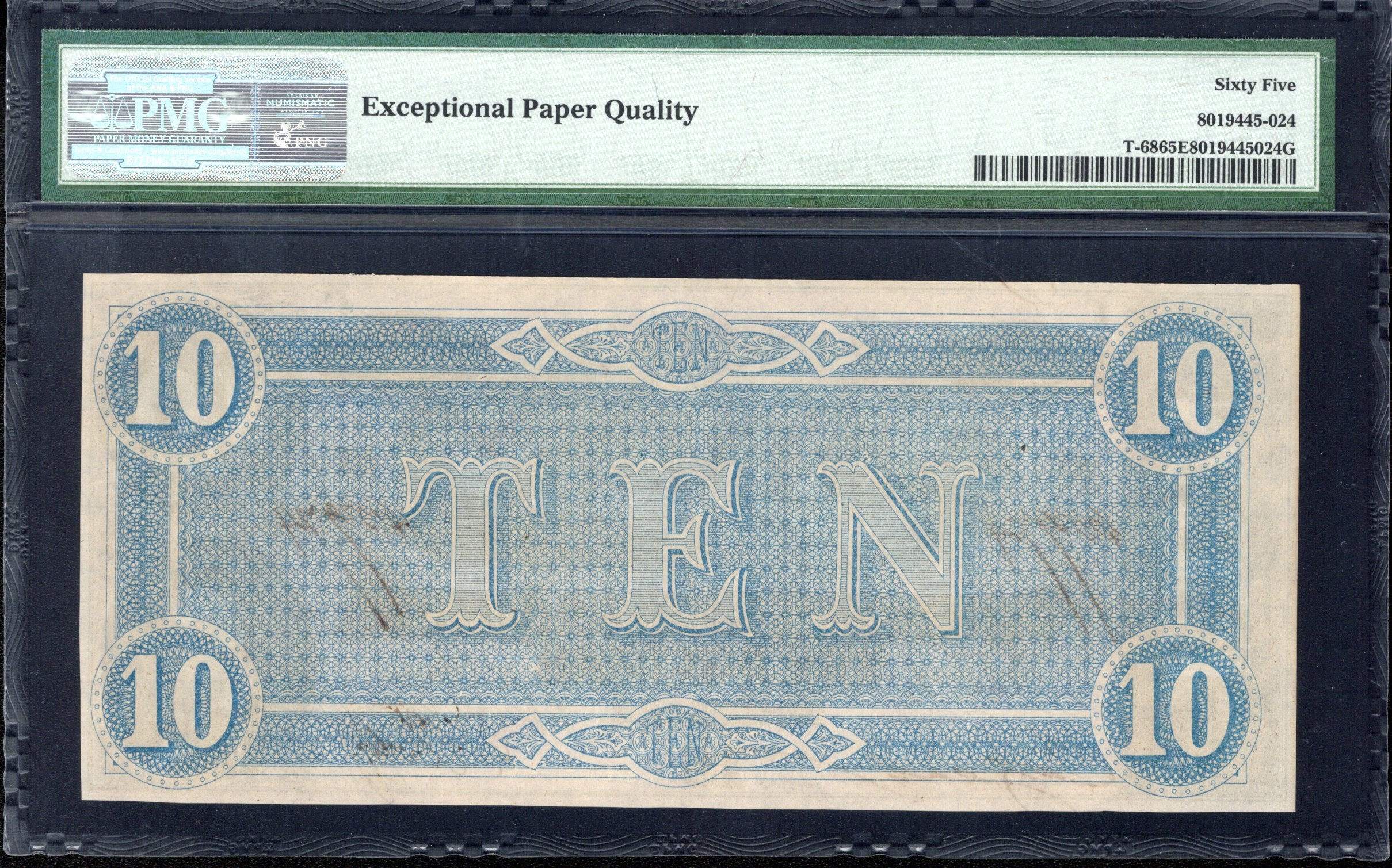 T-68 1864 $10 Confederate Currency PMG 65 EPQ Civil War Note 65974