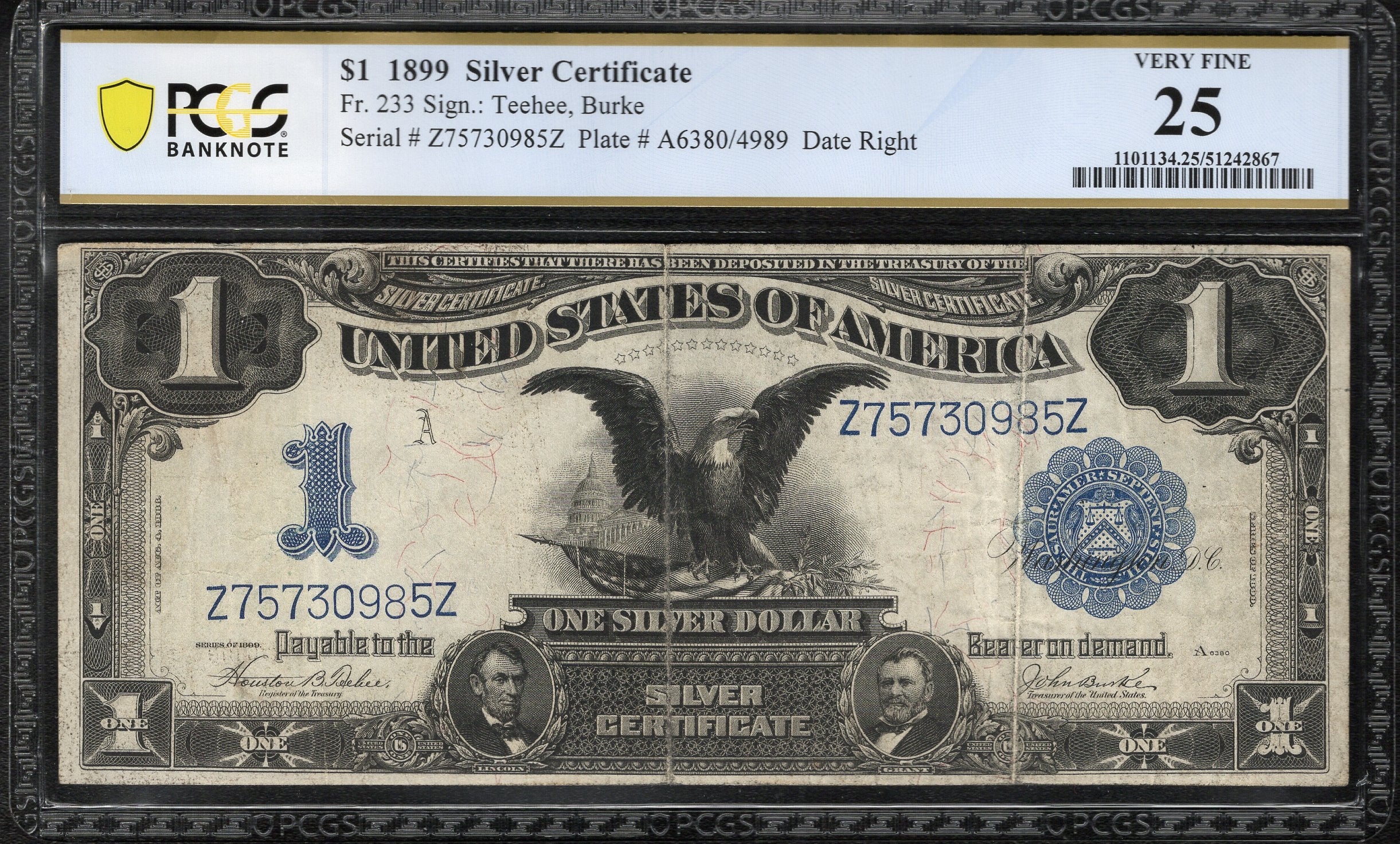 1899 $1 SILVER CERTIFICATE BLACK EAGLE PCGS 25 FR 233 30985