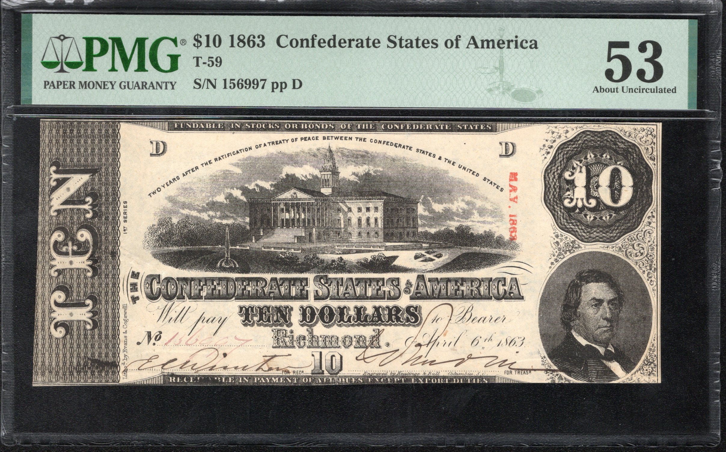 T-59 1863 $10 CONFEDERATE CURRENCY PMG 53 CIVIL WAR 156997