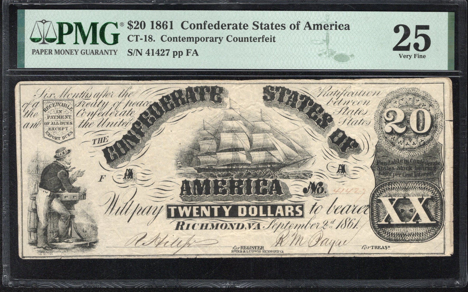 CT-18 $20 CONFEDERATE CURRENCY CONTEMPORARY COUNTERFEIT PMG 25 41427