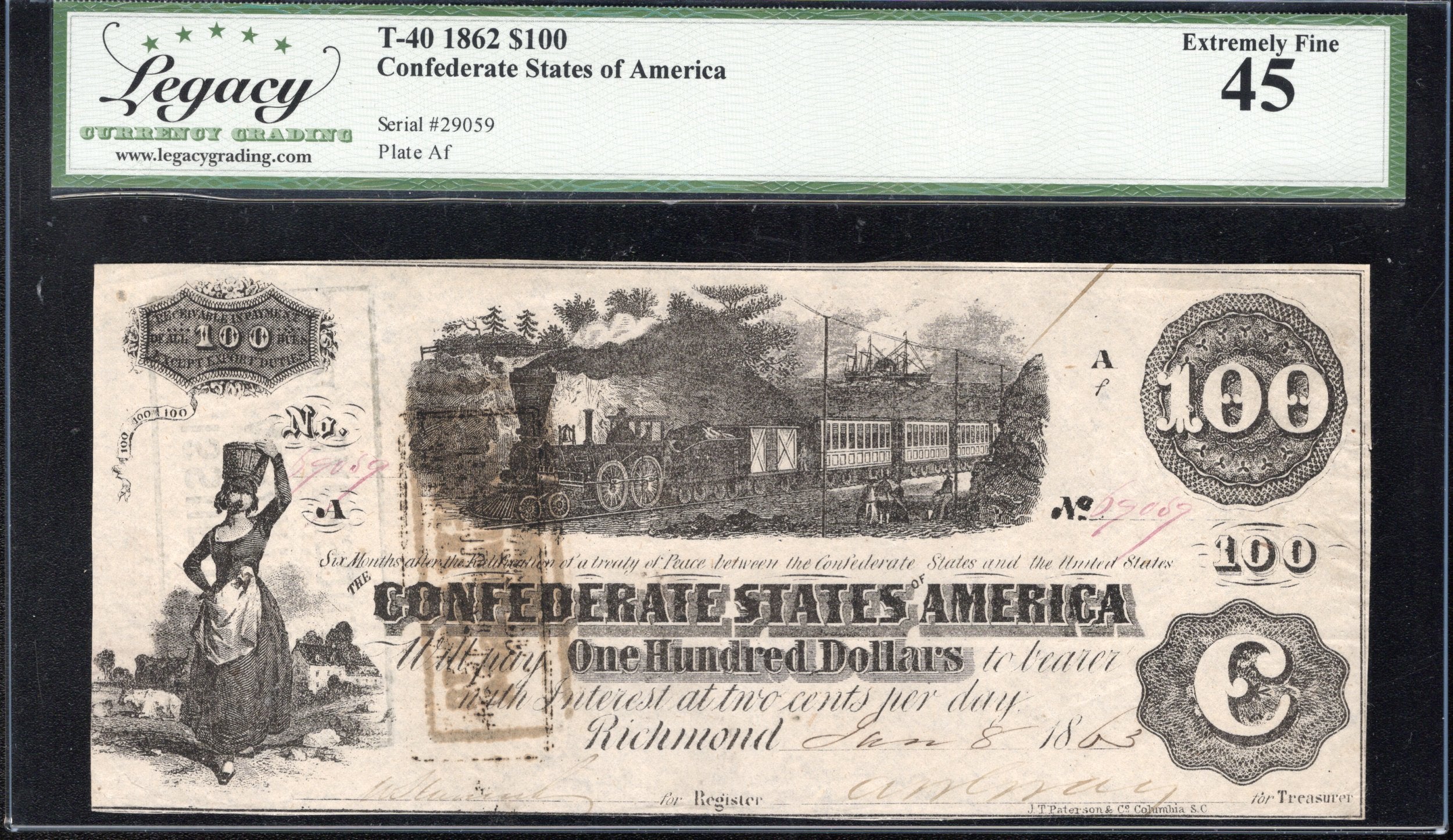 T-40 1862 $100 CONFEDERATE CURRENCY TRAIN NOTE LEGACY 45 CIVIL WAR NOTE 29059