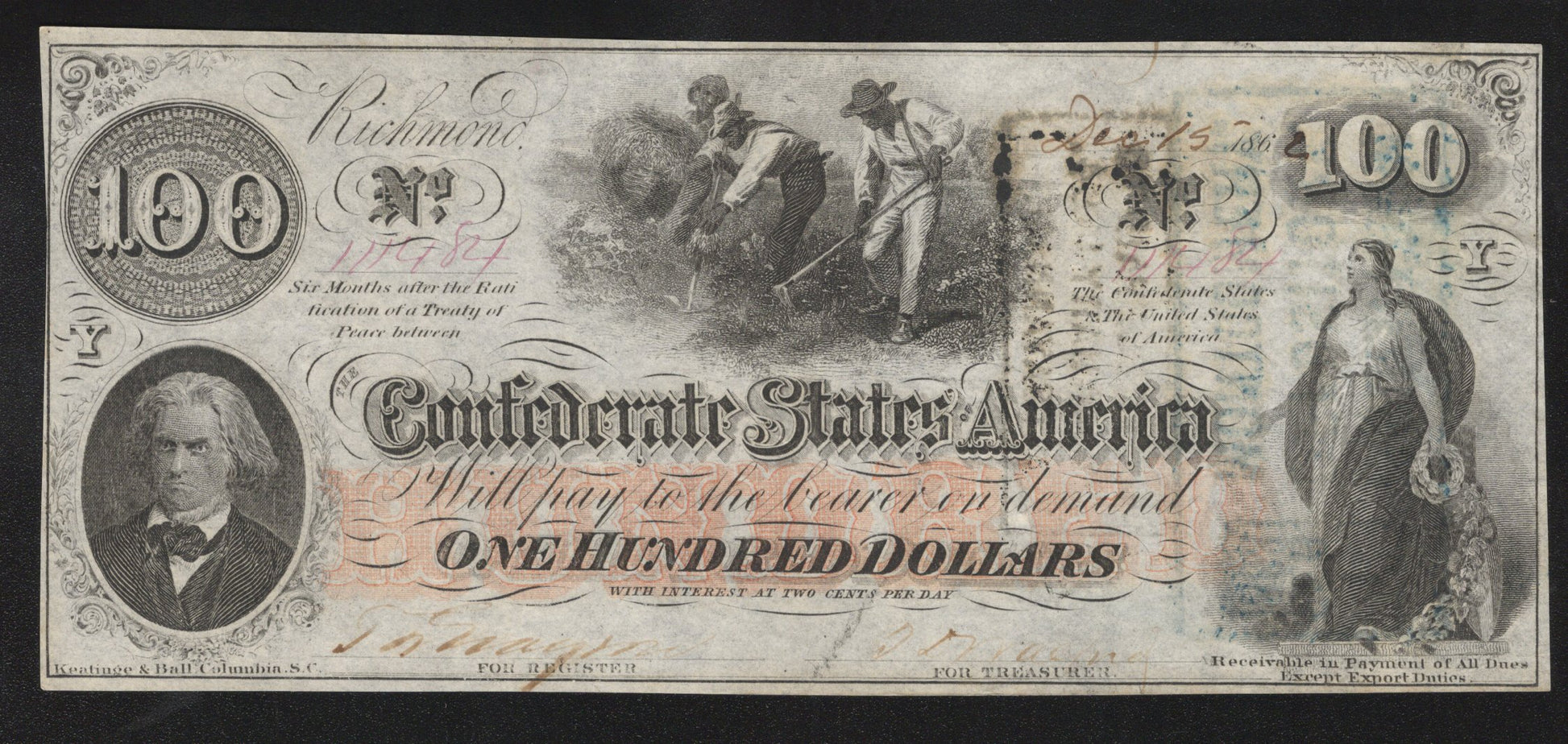T-41 1862 $100 CONFEDERATE CURRENCY CIVIL WAR NOTE 