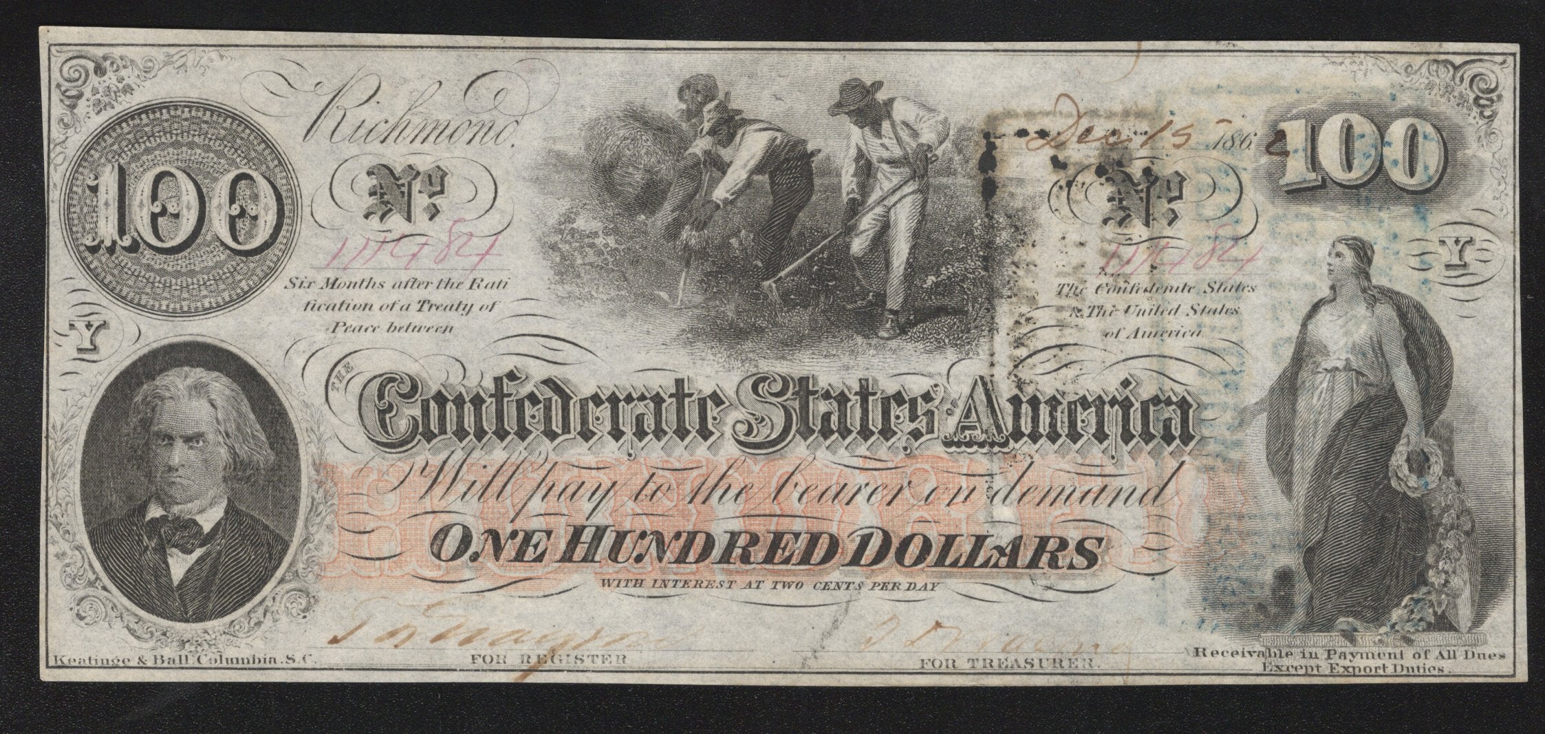 T-41 1862 $100 CONFEDERATE CURRENCY CIVIL WAR NOTE 