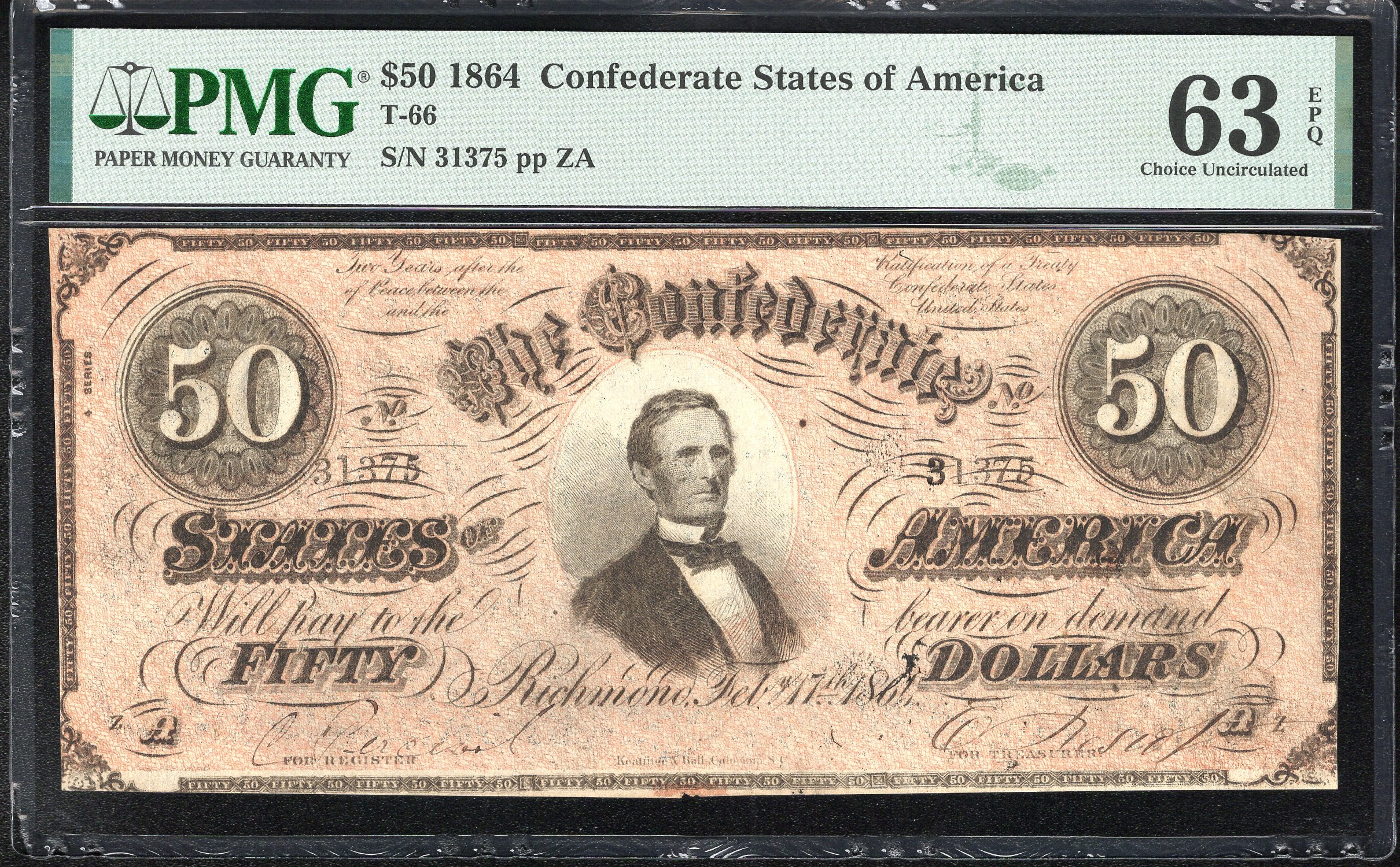 T-66 1864 $50 CONFEDERATE CURRENCY PMG 63 EPQ CIVIL WAR BANK NOTE  31375