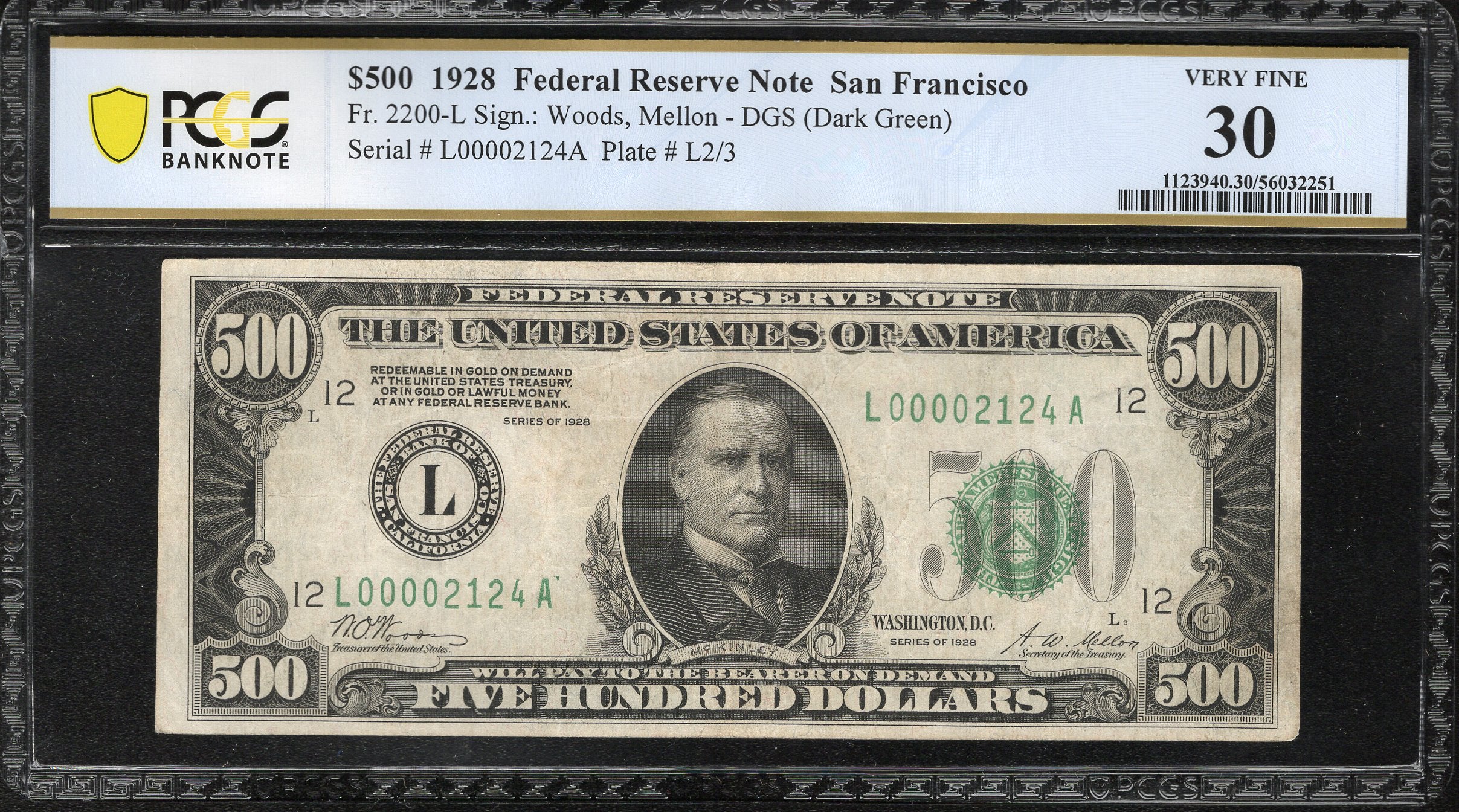 1928 $500 SAN FRANCISCO FRN FEDERAL RESERVE FIVE HUNDRED PCGS 30 Fr 2200-L 02124