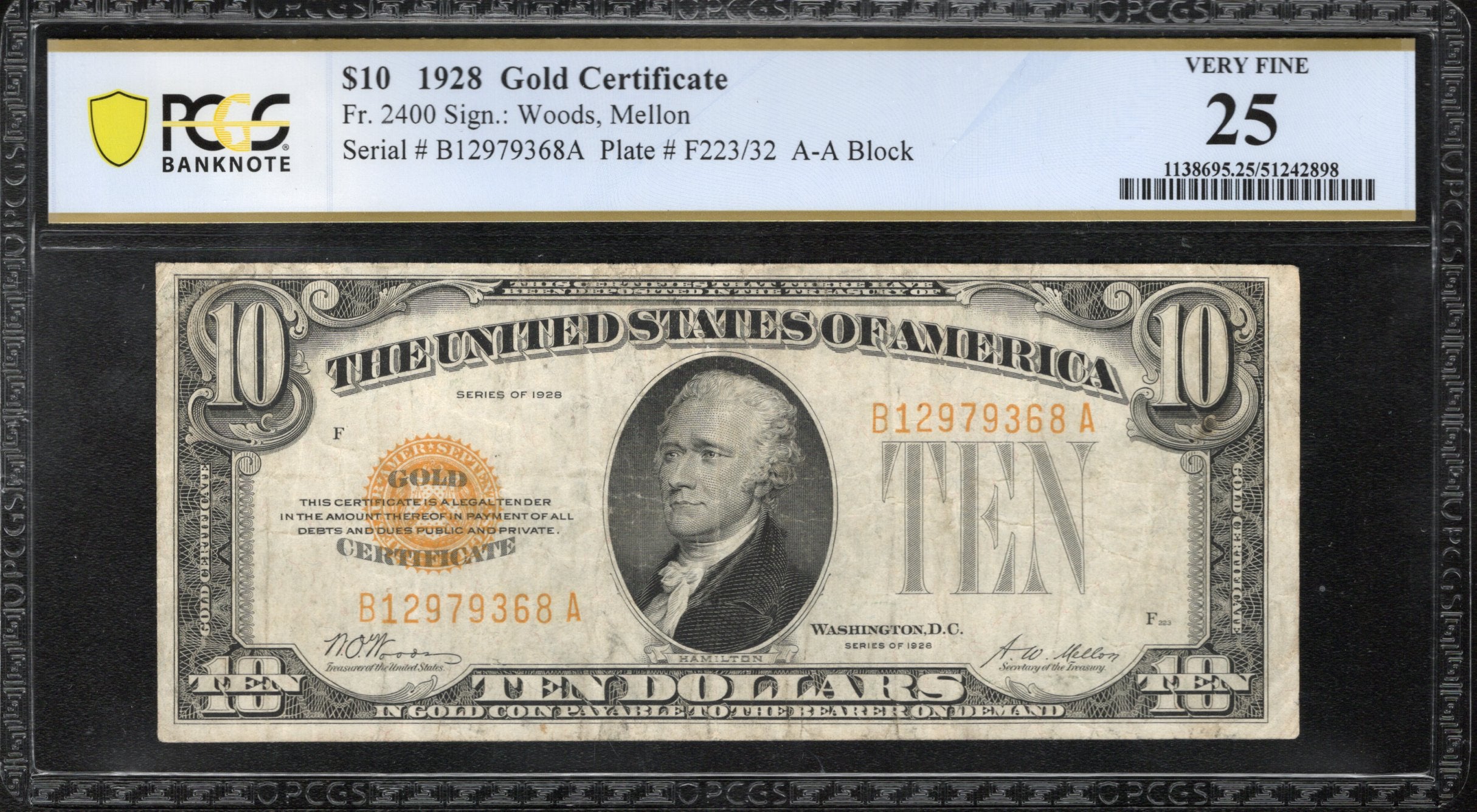 1928 $10 GOLD CERTIFICATE B-A BLOCK PCGS 25  Fr 2400 79368