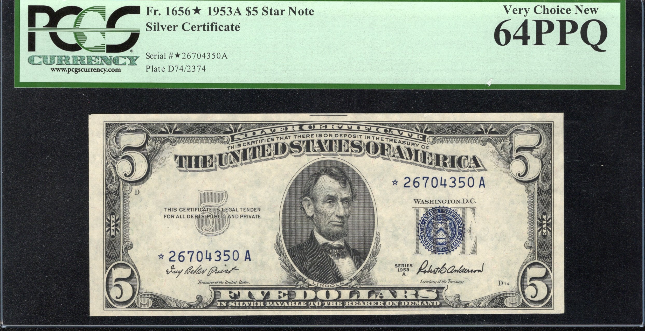 1953-A $5 STAR SILVER CERTIFICATE PCGS 64 PPQ Fr 1656* 04350