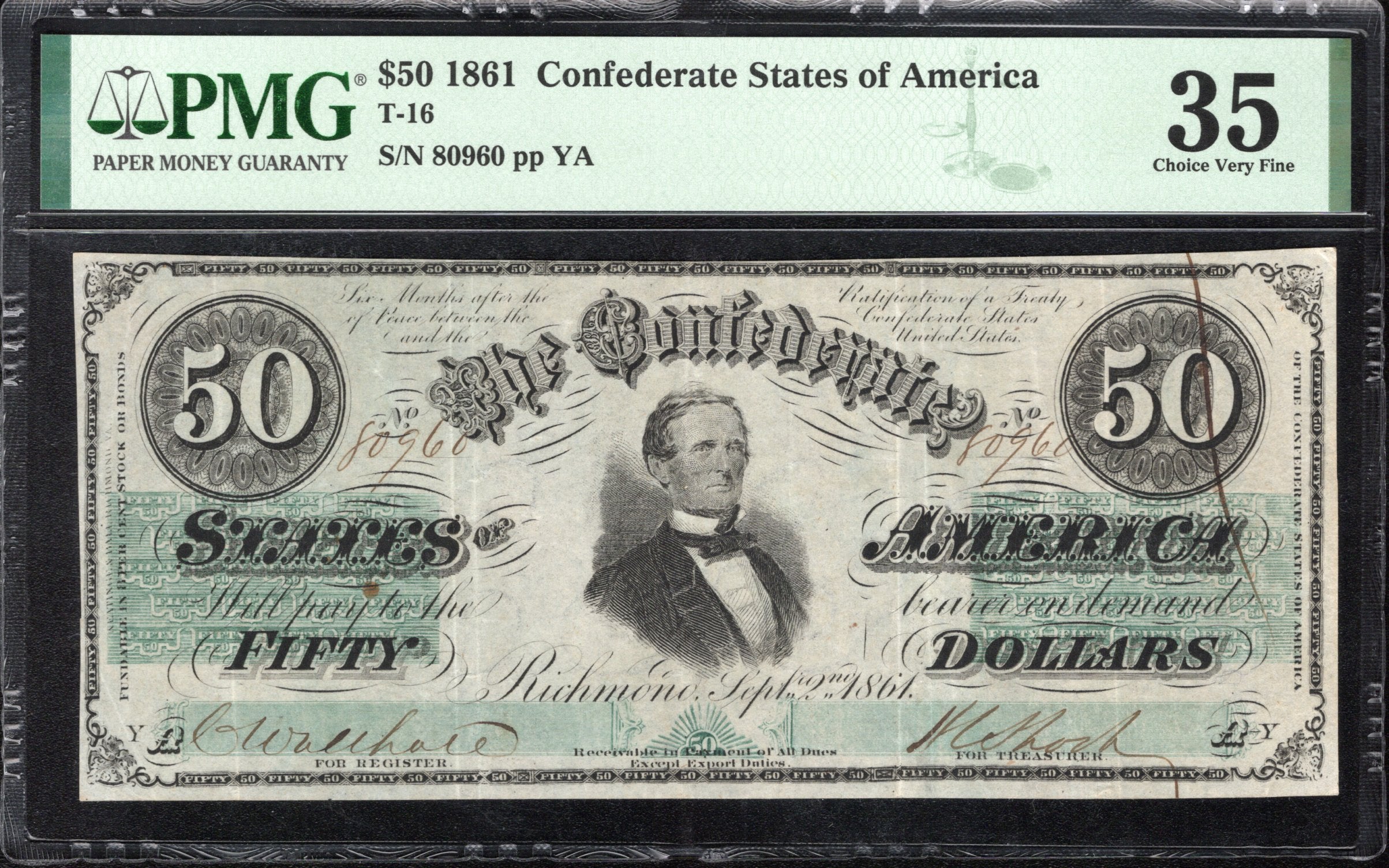 T-16 1861 $50 CONFEDERATE CURRENCY PMG 35 COMMENT CIVIL WAR NOTE 80960