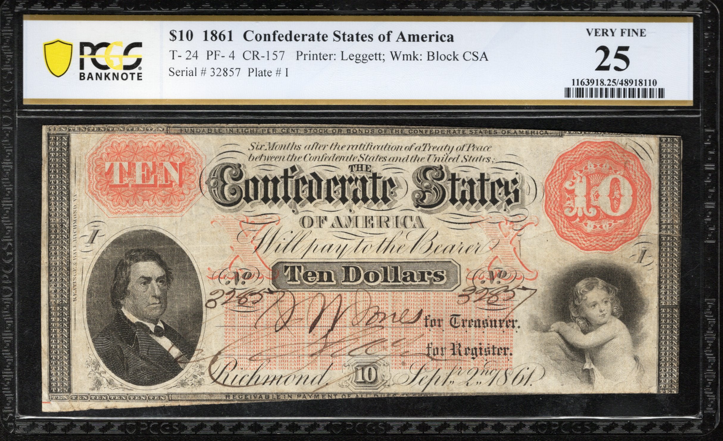 T-24 1861 $10 CONFEDERATE CURRENCY PCGS 25 CIVIL WAR BILL 32837