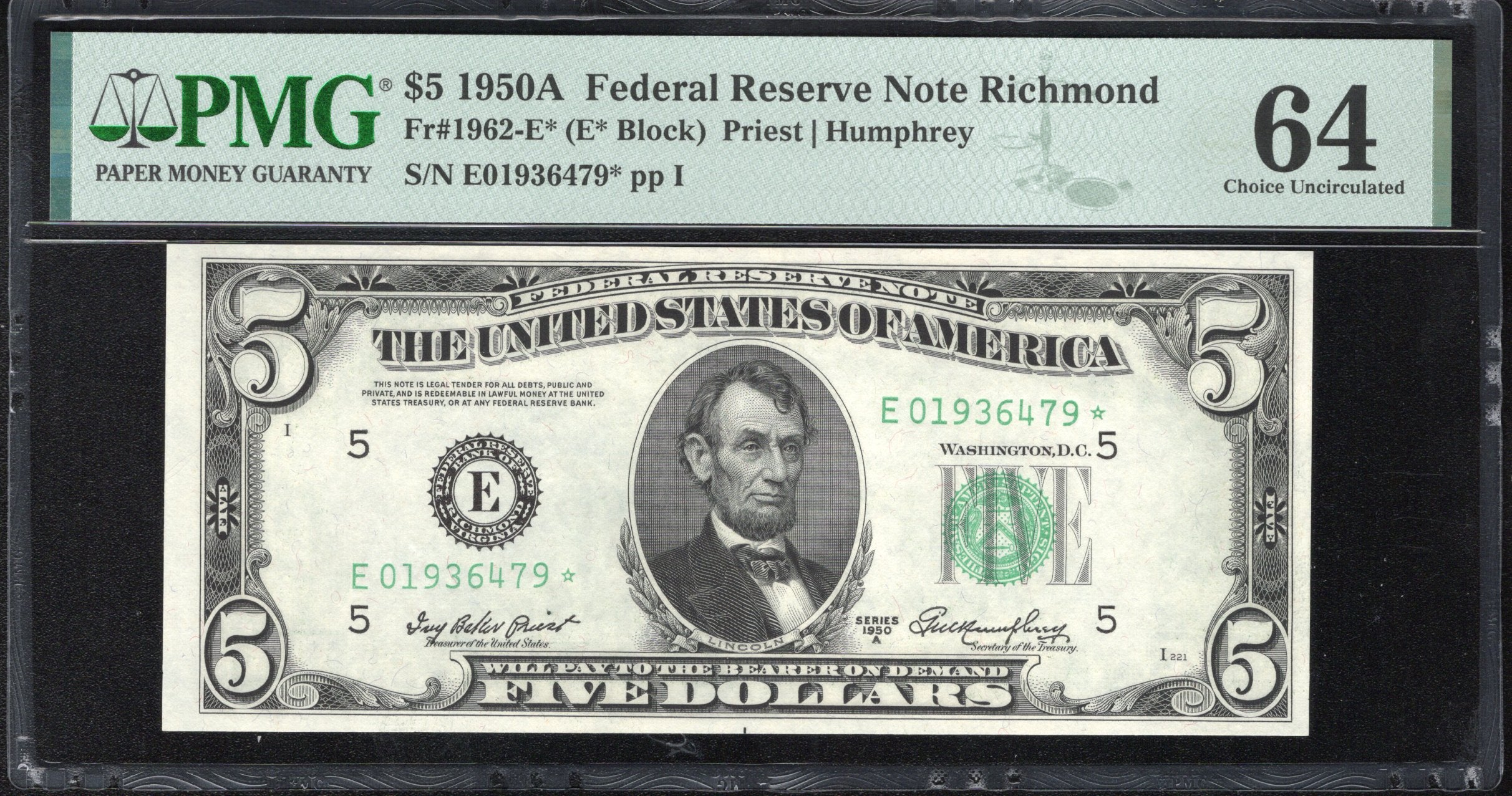 1950-A $5 RICHMOND FEDERAL RESERVE NOTE STAR FRN PMG 64 Fr 1962-E* 36479