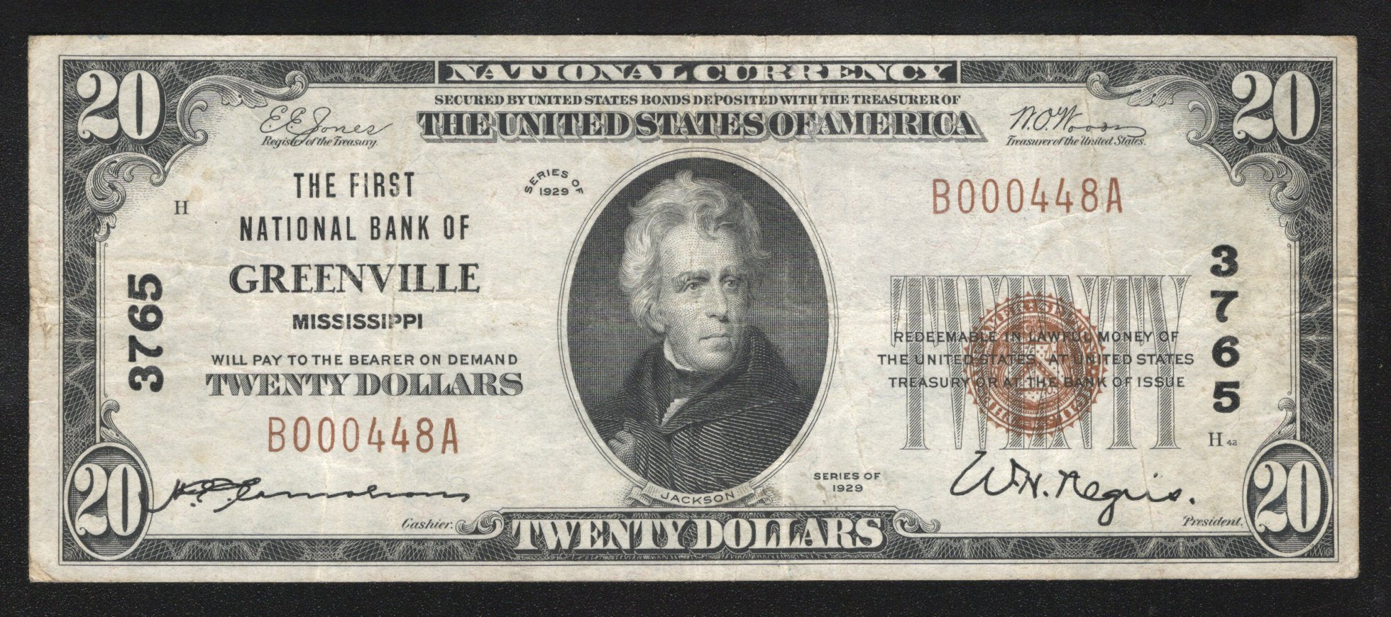 1929 $20 GREENVILLE, MS NATIONAL BANK NOTE MISSISSIPPI CURRENCY 00448