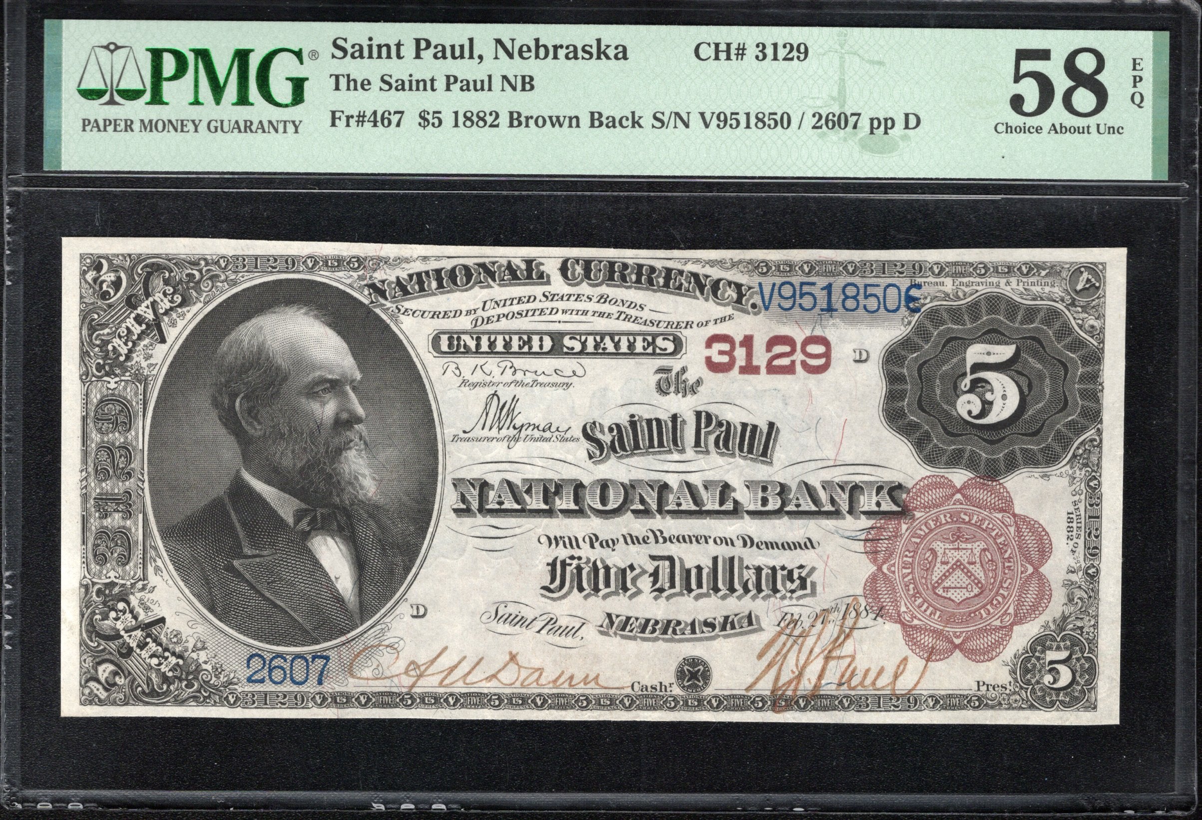 1882 $5 SAINT PAUL, NE BROWN BACK NATIONAL BANK NOTE PMG 58 EPQ NEBRASKA 2607