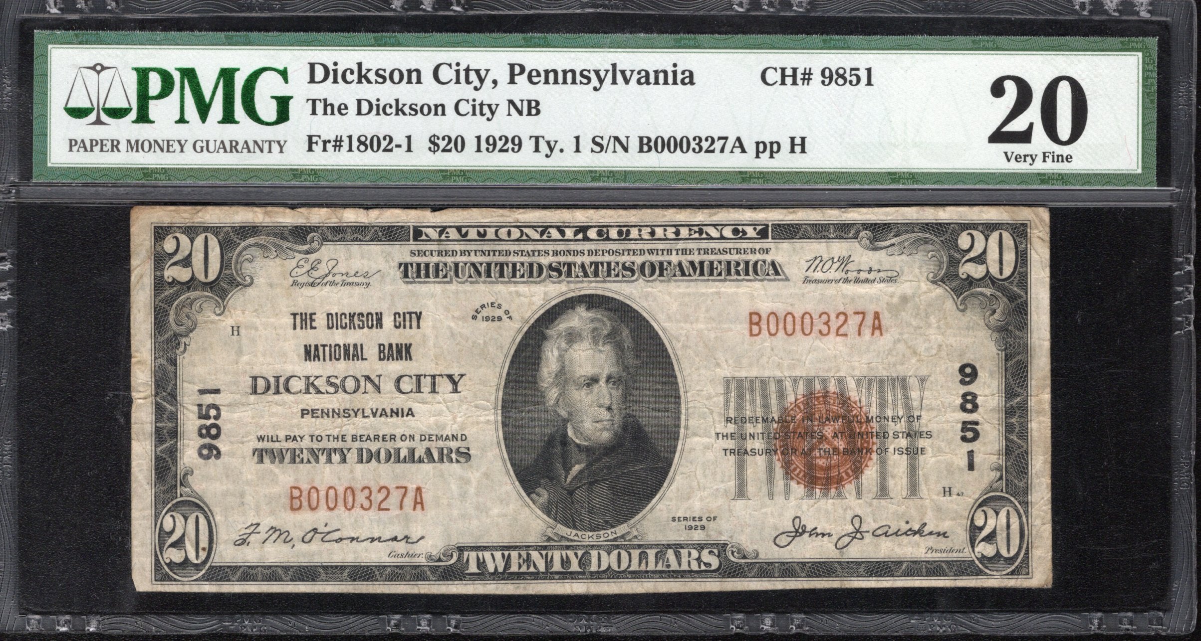 1929 $20 DICKSON CITY, PA NATIONAL BANKNOTE PMG 20 LACKAWANNA COUNTY 0327