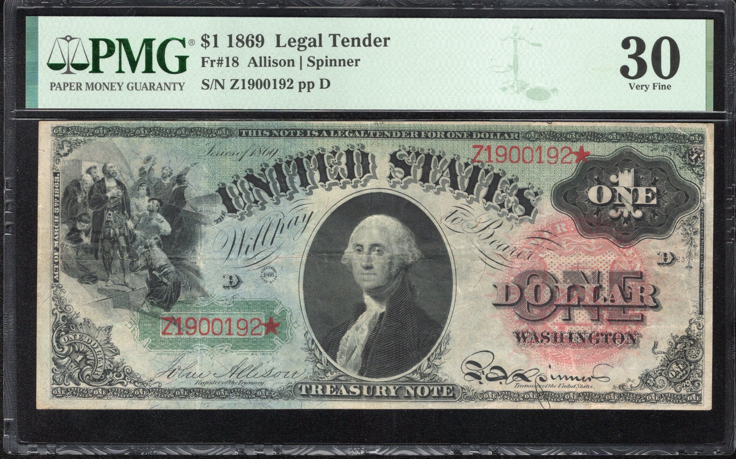 1869 $1 LEGAL TENDER NOTE " RAINBOW" PMG 30 Fr 18 00192