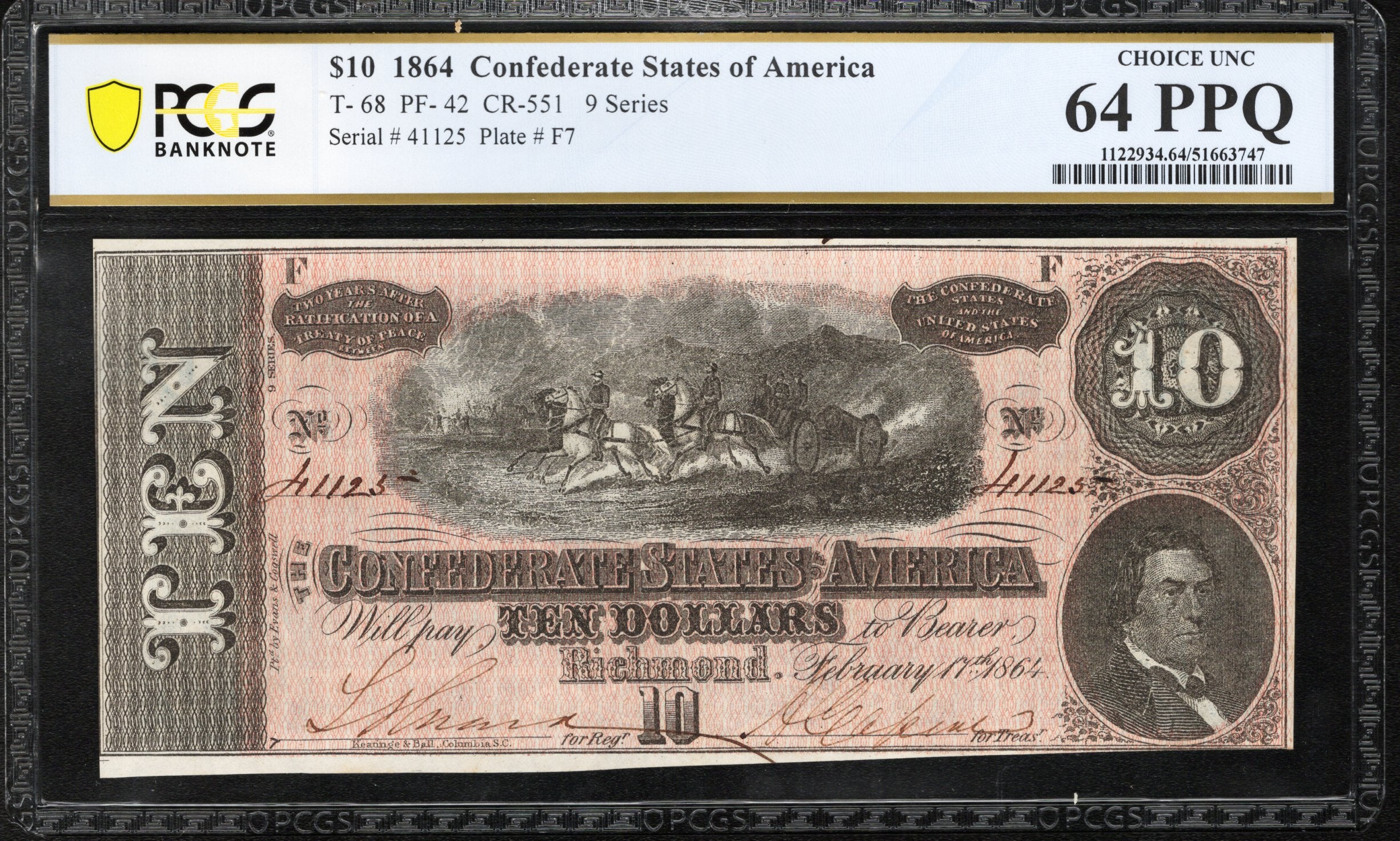 T-68 1864 $10 CONFEDERATE CURRENCY PCGS 64 PPQ CIVIL WAR TEN DOLLAR BILL 41125