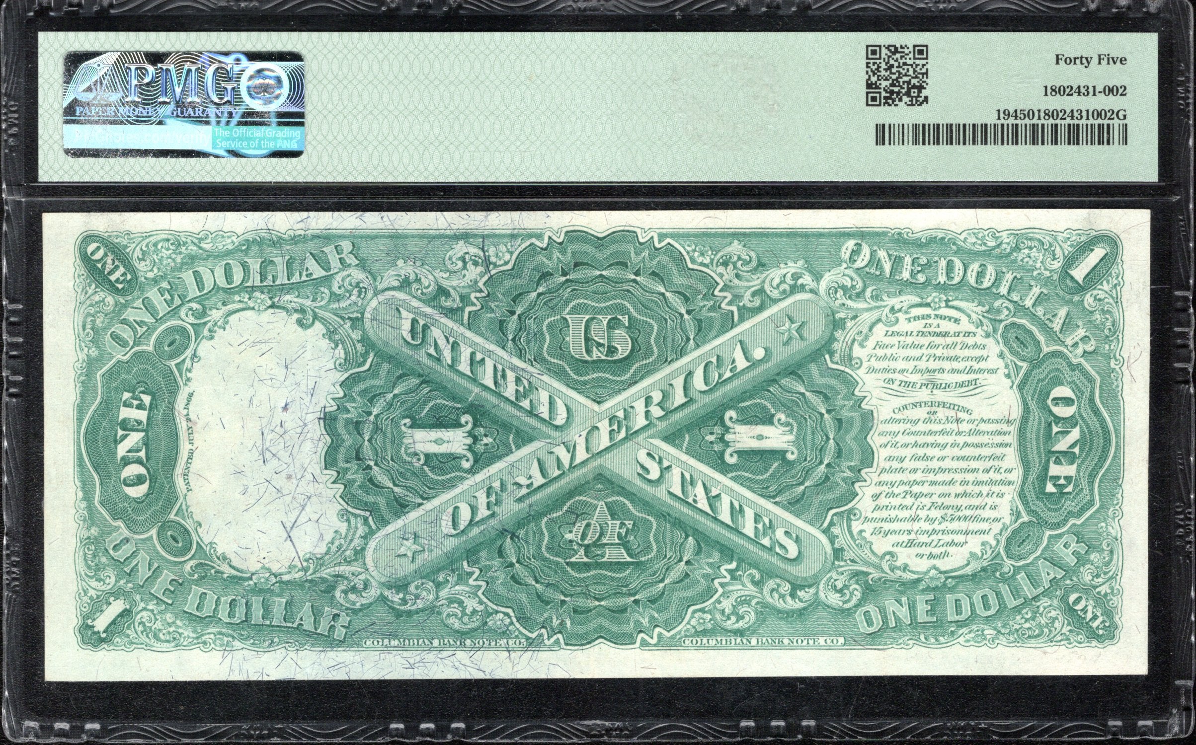 1874 $1 LEGAL TENDER NOTE "SAWHORSE" PMG 45 Fr 19 49797