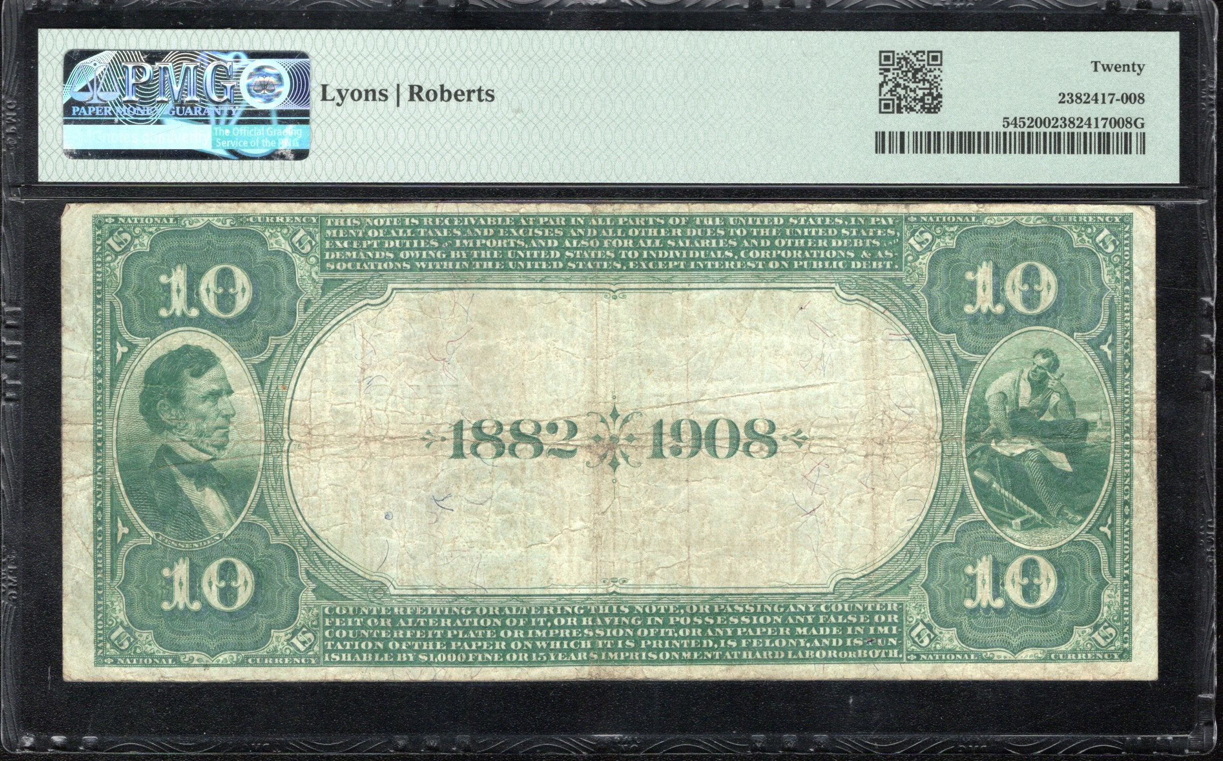 1882 $10 SAN FRANCISCO, CA WELLS FARGO NEVADA NATIONAL BANK PMG 20 34250