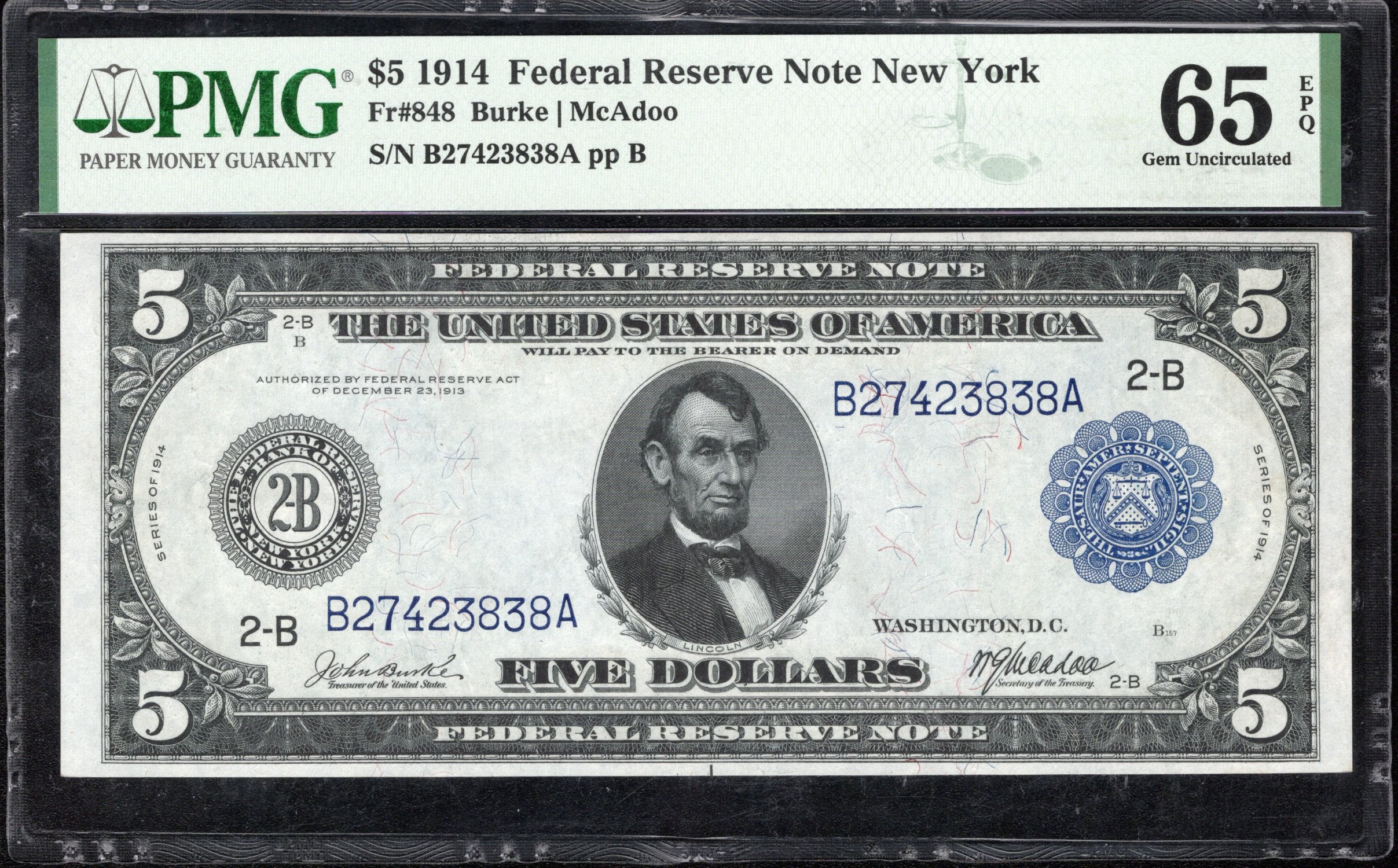 1914 $5 NEW YORK FEDERAL RESERVE NOTE FRN PMG 65 EPQ FR 848