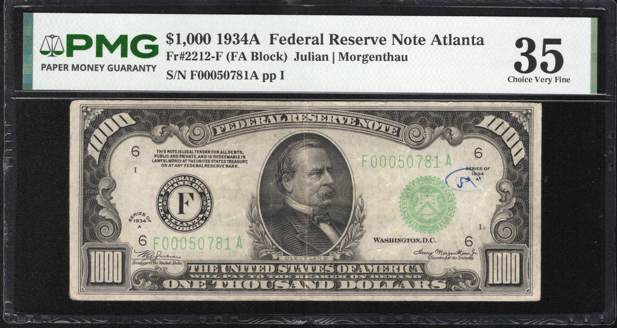 1934-A $1000 ATLANTA ONE THOUSAND DOLLAR BILL PMG 35 COMMENT FRN Fr 2211-F 0781