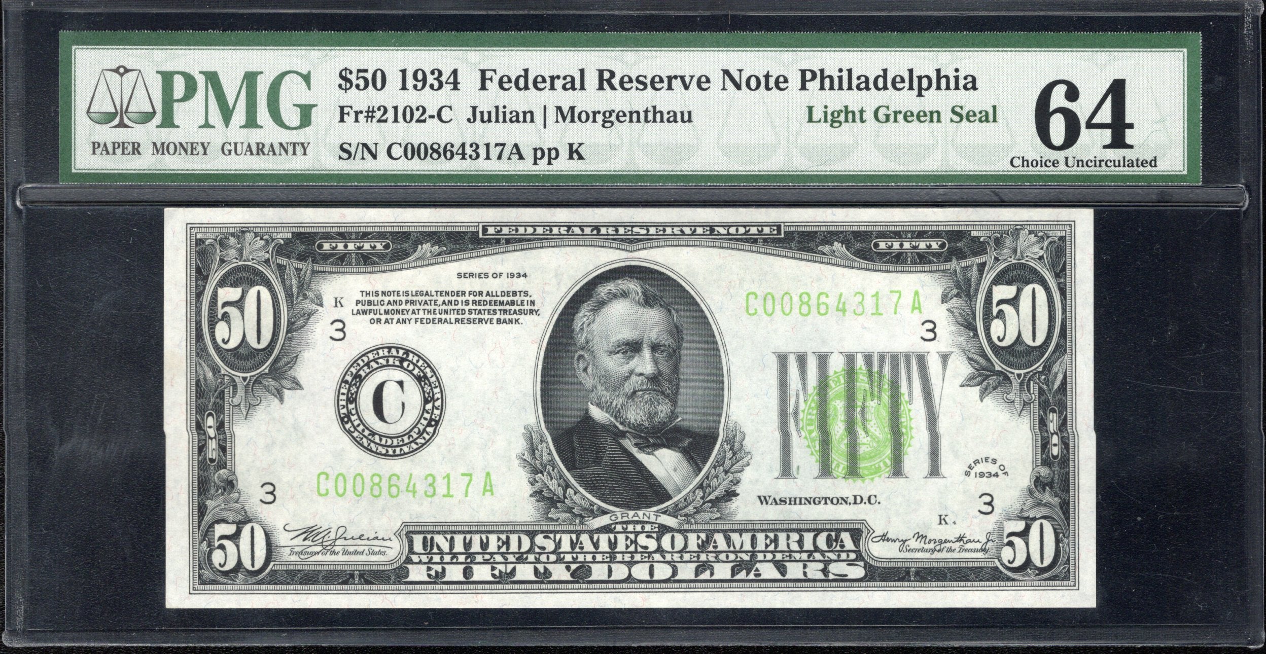 1934 $50 PHILADELPHIA FRN LIGHT GREEN SEAL PMG 64 Fr 2102-C lgs 64317