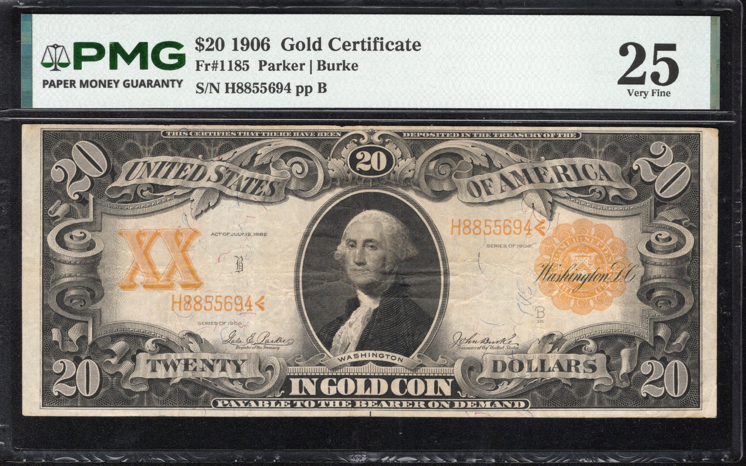 1906 $20 Gold Certificate PMG 25 Fr 1185 55694