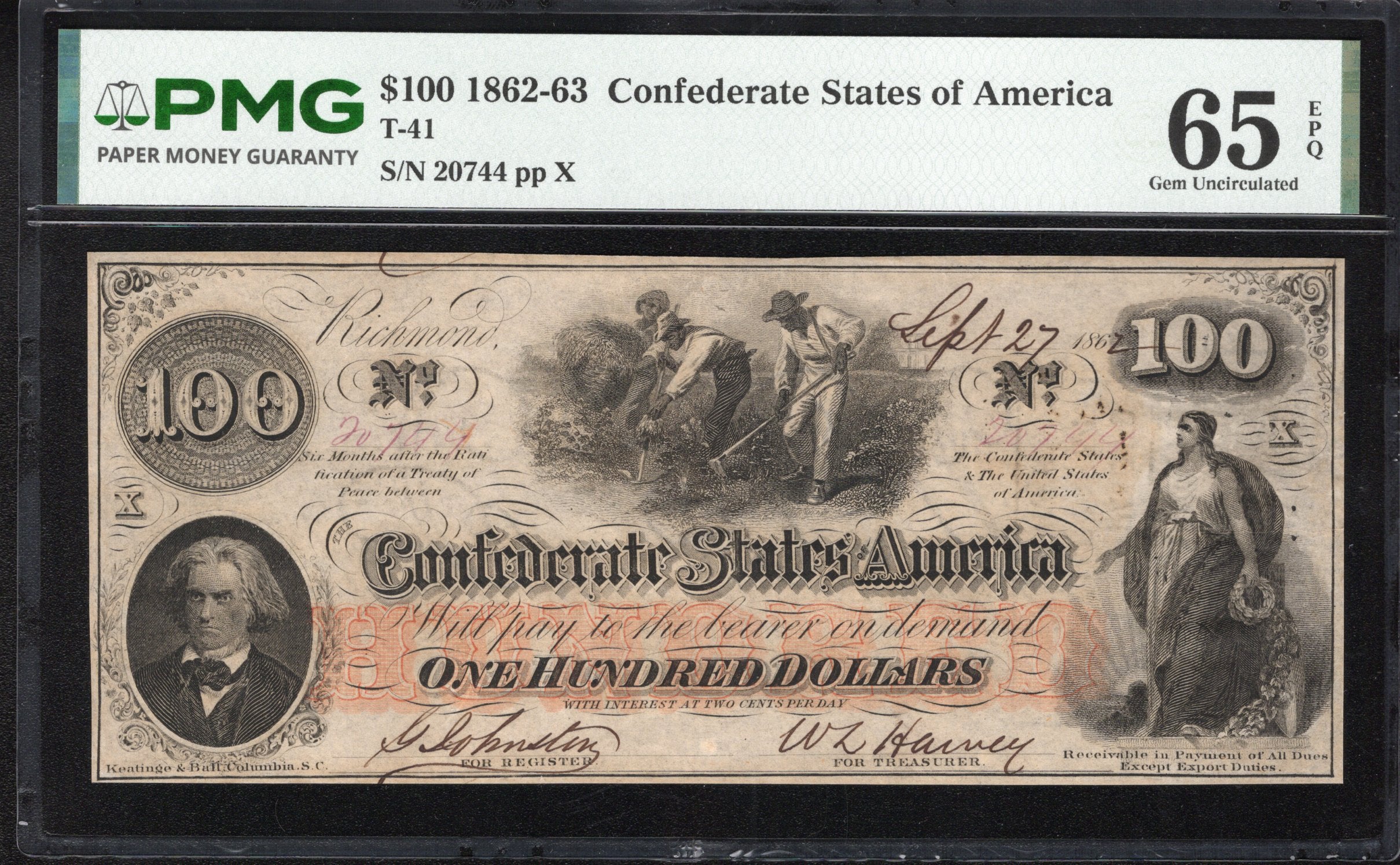 T-41 1862 $100 Confederate Currency PMG 65 EPQ Civil War Bill i20744