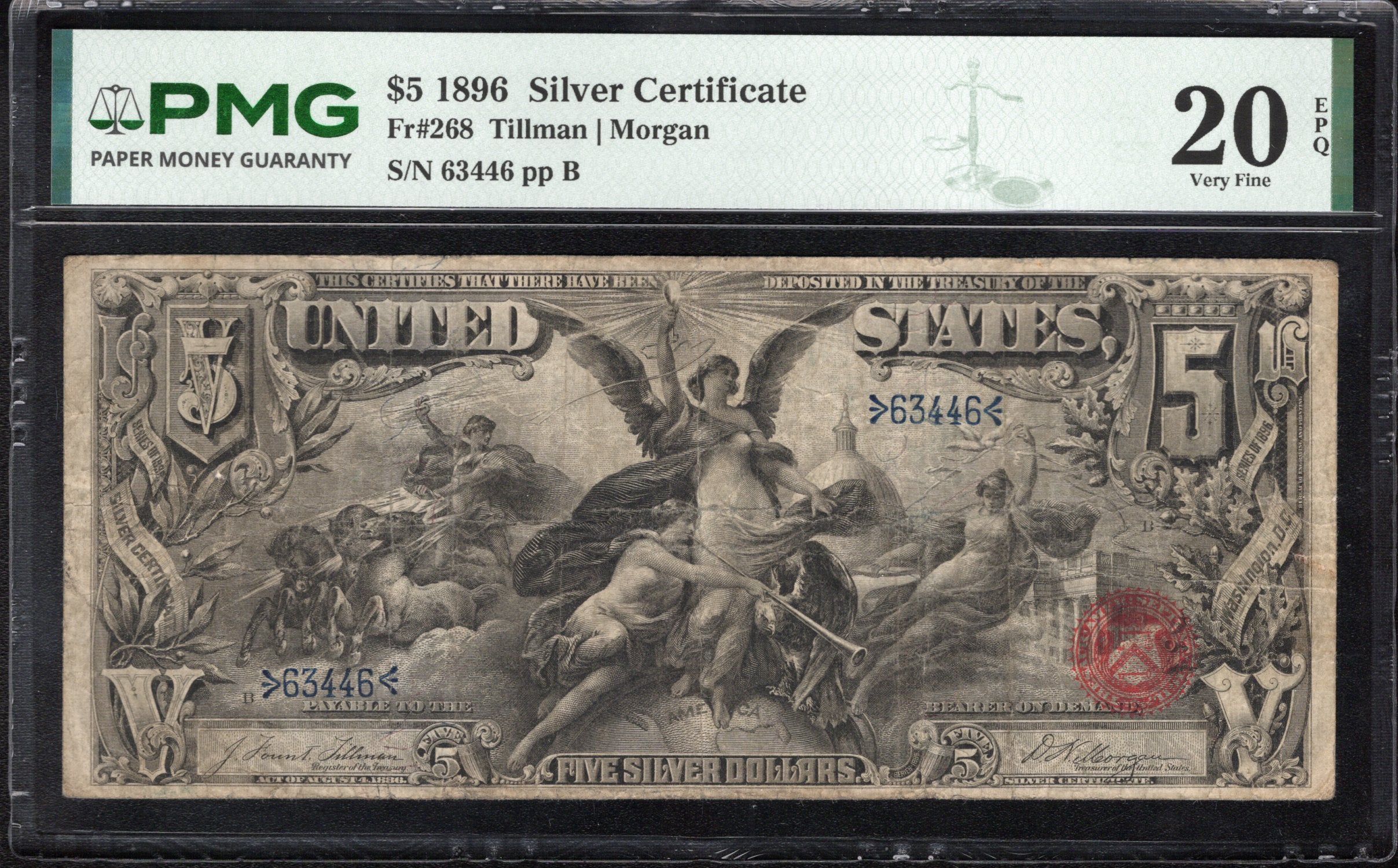 1896 $5 Silver Certificate "Educational" Note PMG 20 EPQ Fr 268 63446