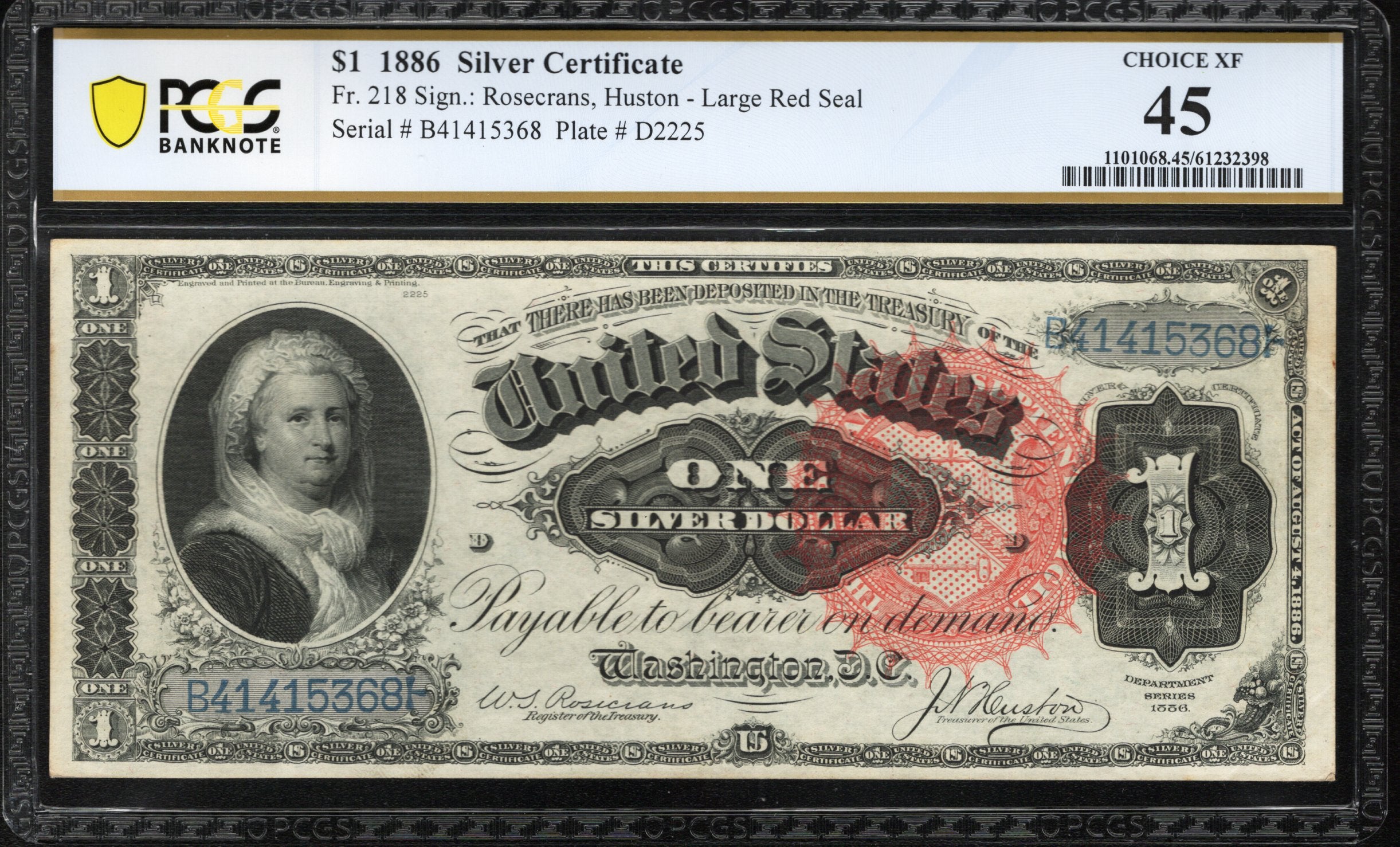 1886 $1 Silver Certificate "Martha" Large Red Seal Banknote PCGS 45 Fr 218 15368