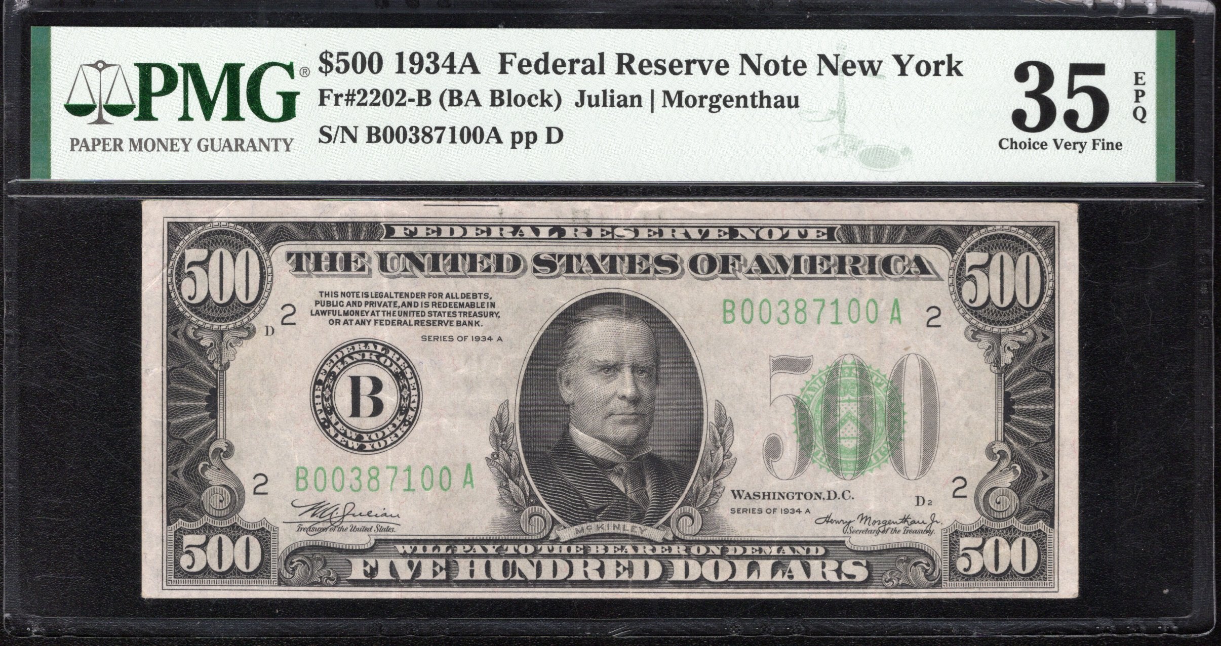 1934-A $500 FIVE HUNDRED DOLLAR BILL NEW YORK FRN PMG 35 EPQ Fr 2202-B 87100