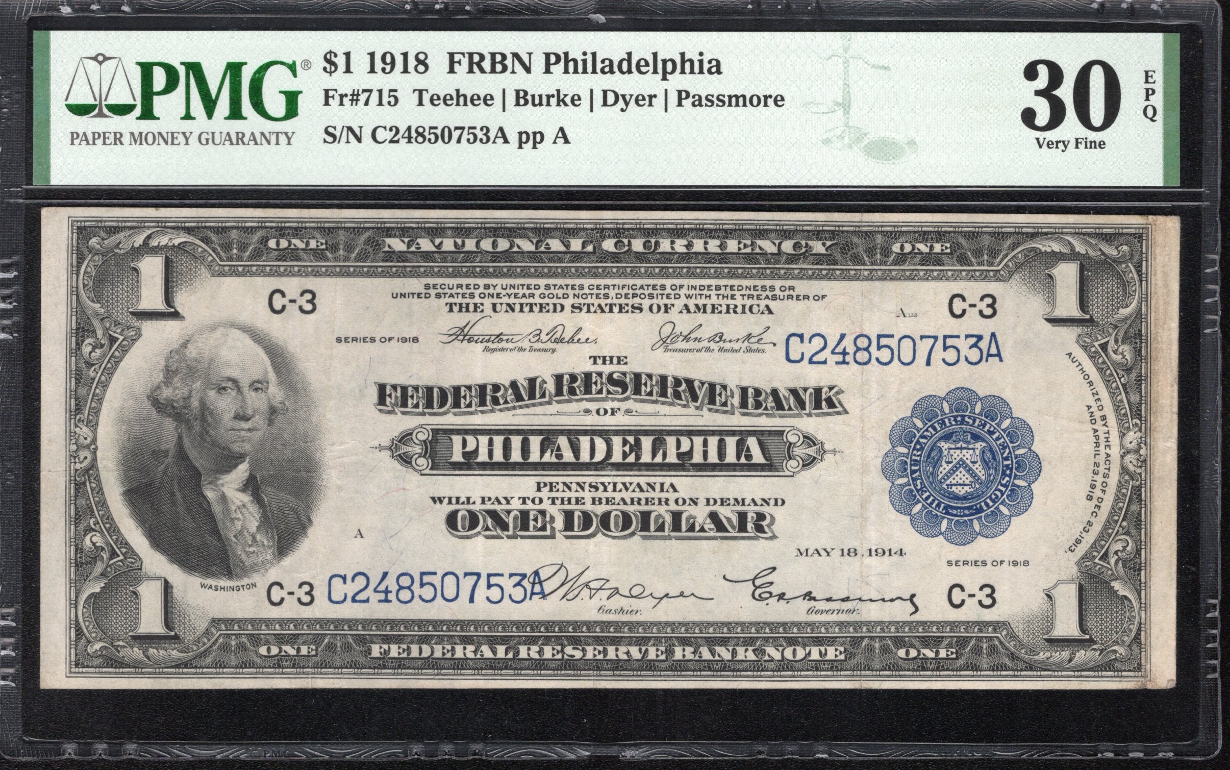 1918 $1 PHILADLEPHIA FRBN GREEN EAGLE PMG 30 EPQ Fr 715 50753