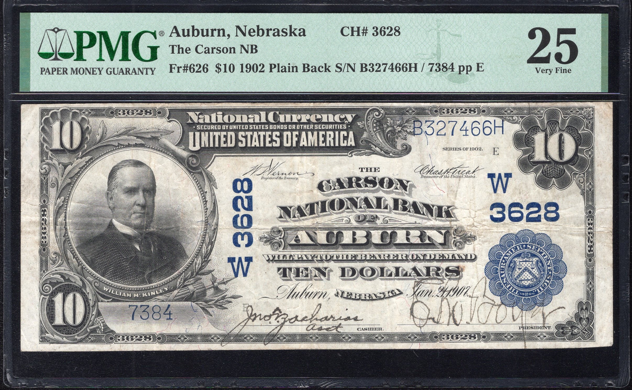 1902 $10 AUBURN, NE NATIONAL BANK NOTE PMG 25 NEMAHA COUNTY NEBRASKA 7384