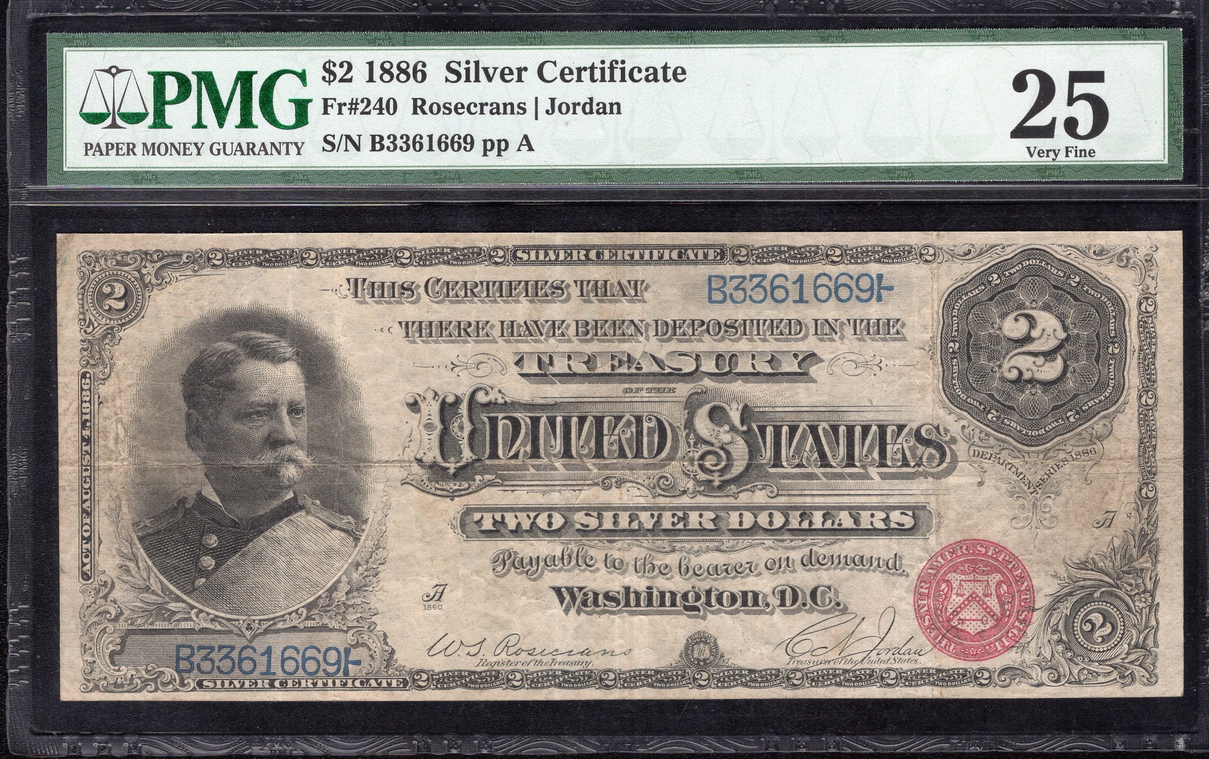 1886 $2 SILVER CERTIFICATE ORNATE BACK HANCOCK NOTE PMG 25 Fr 240 61669