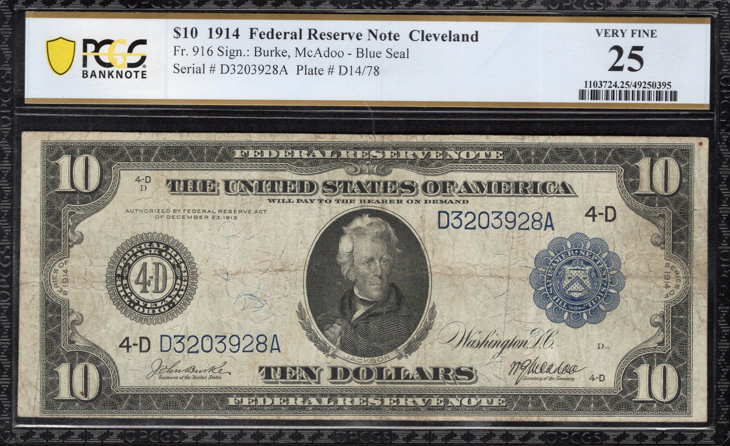 1914 $10 CLEVELAND FRN FEDERAL RESERVE NOTE PCGS 25 Fr 916 03928