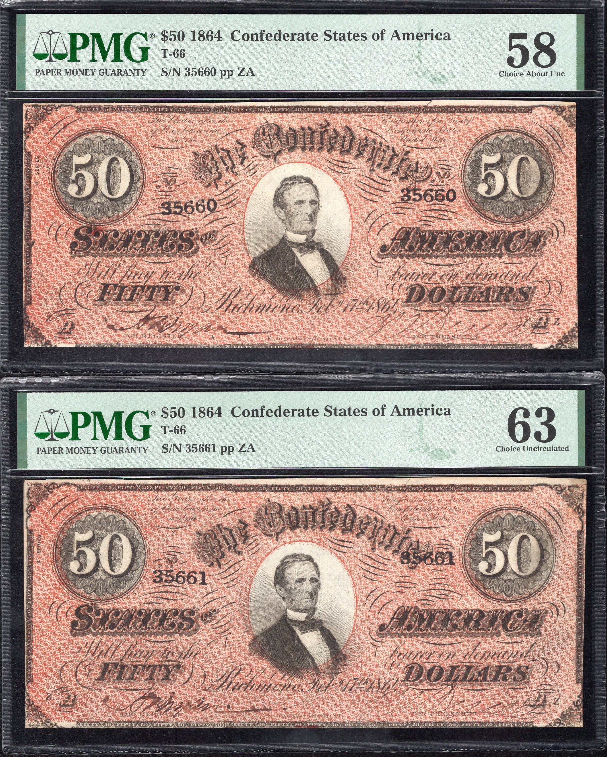 CONSECUTIVE DARK RED T-66 1864 $50 CONFEDERATE CURRENCY PMG 58 63 35660