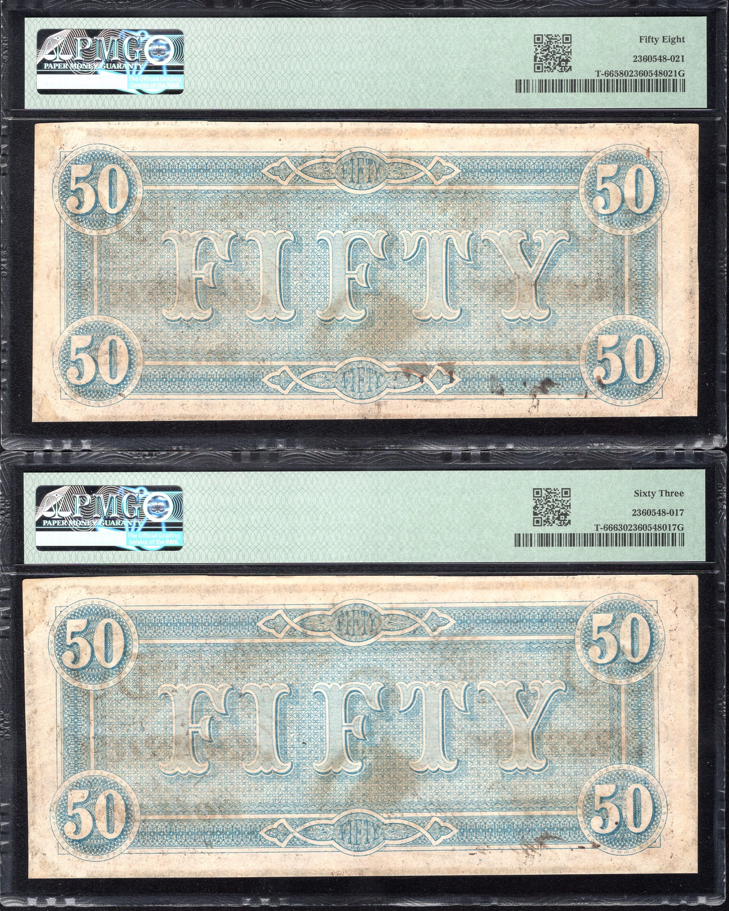 CONSECUTIVE DARK RED T-66 1864 $50 CONFEDERATE CURRENCY PMG 58 63 35660