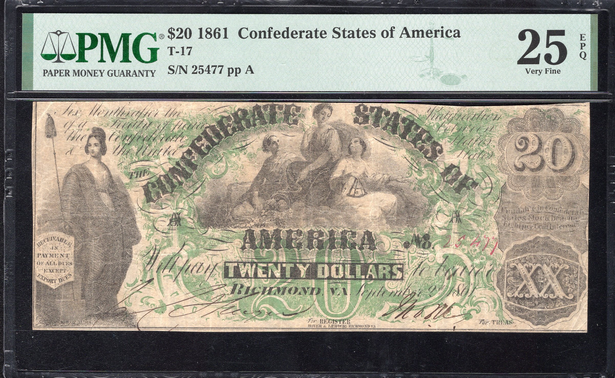 T-17 1861 $20 CONFEDERATE CURRENCY PMG 25 EPQ CIVIL WAR 25477