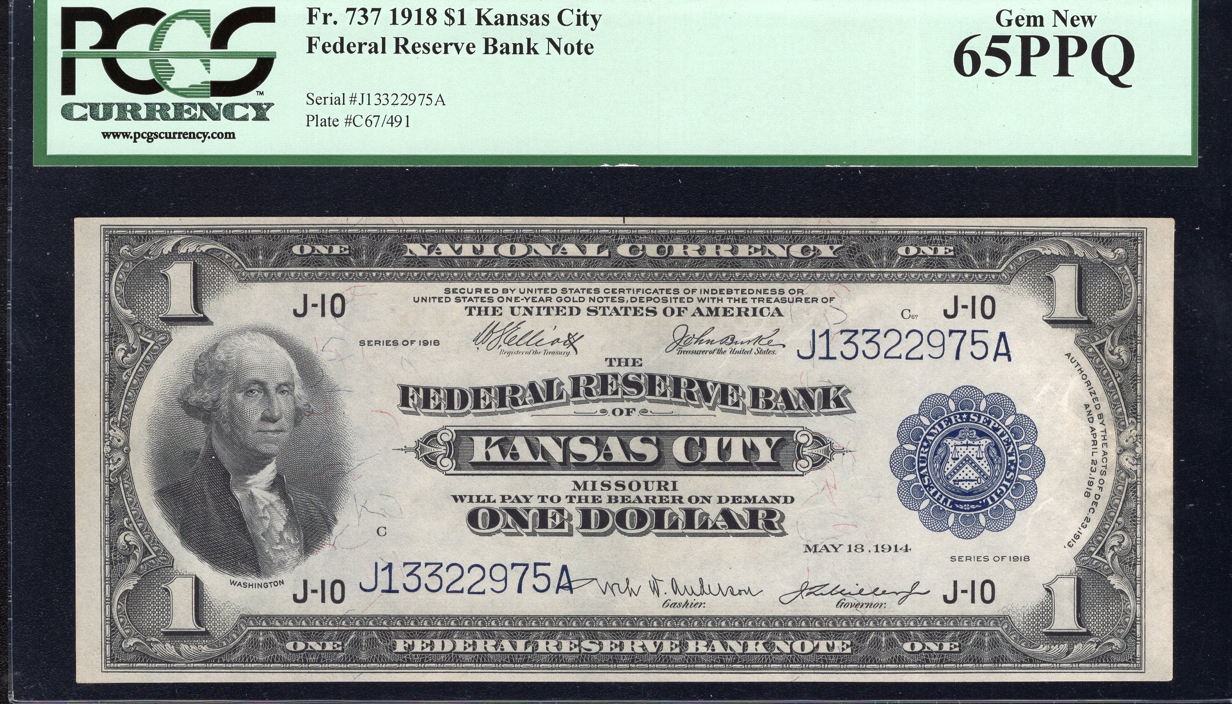 1918 $1 KANSAS CITY FRBN "GREEN EAGLE" FEDERAL RESERVE PCGS 65 PPQ  Fr 737 22975