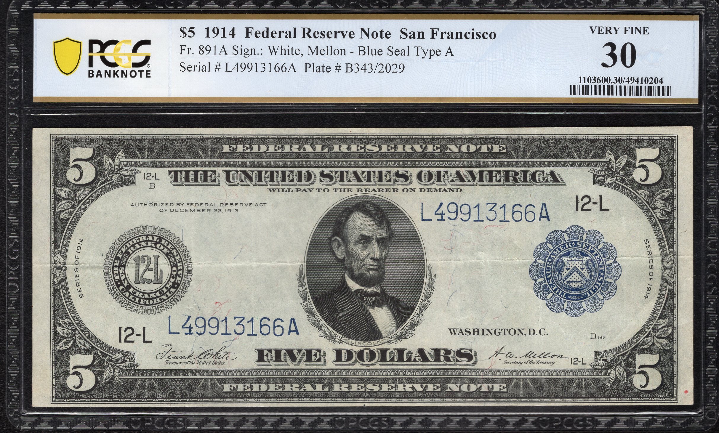 1914 $5 SAN FRANCISCO FRN FEDERAL RESERVE NOTE PCGS 30 Fr 891a 13166