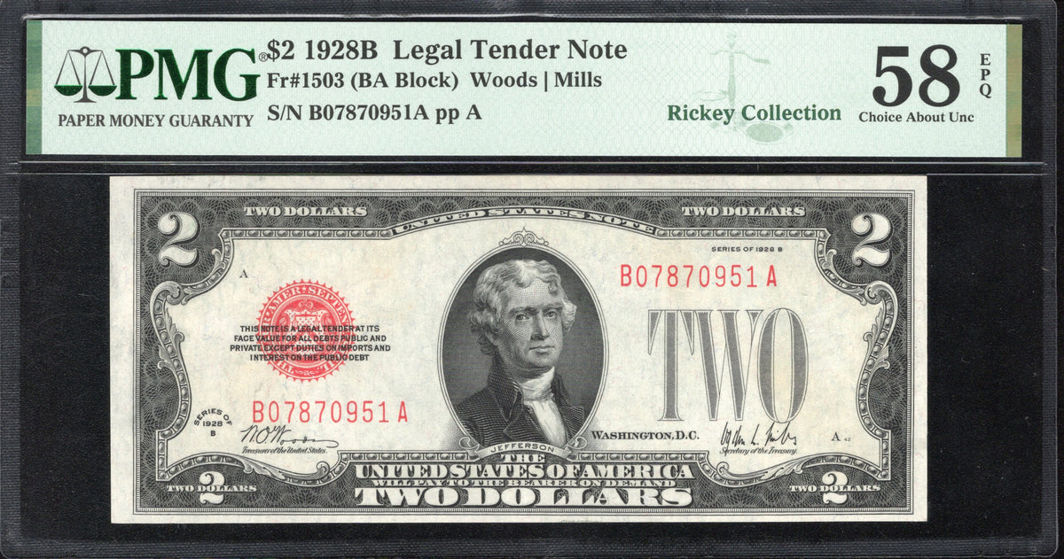 1928-B $2 LEGAL TENDER US NOTE PMG 58 EPQ Fr 1503 70951