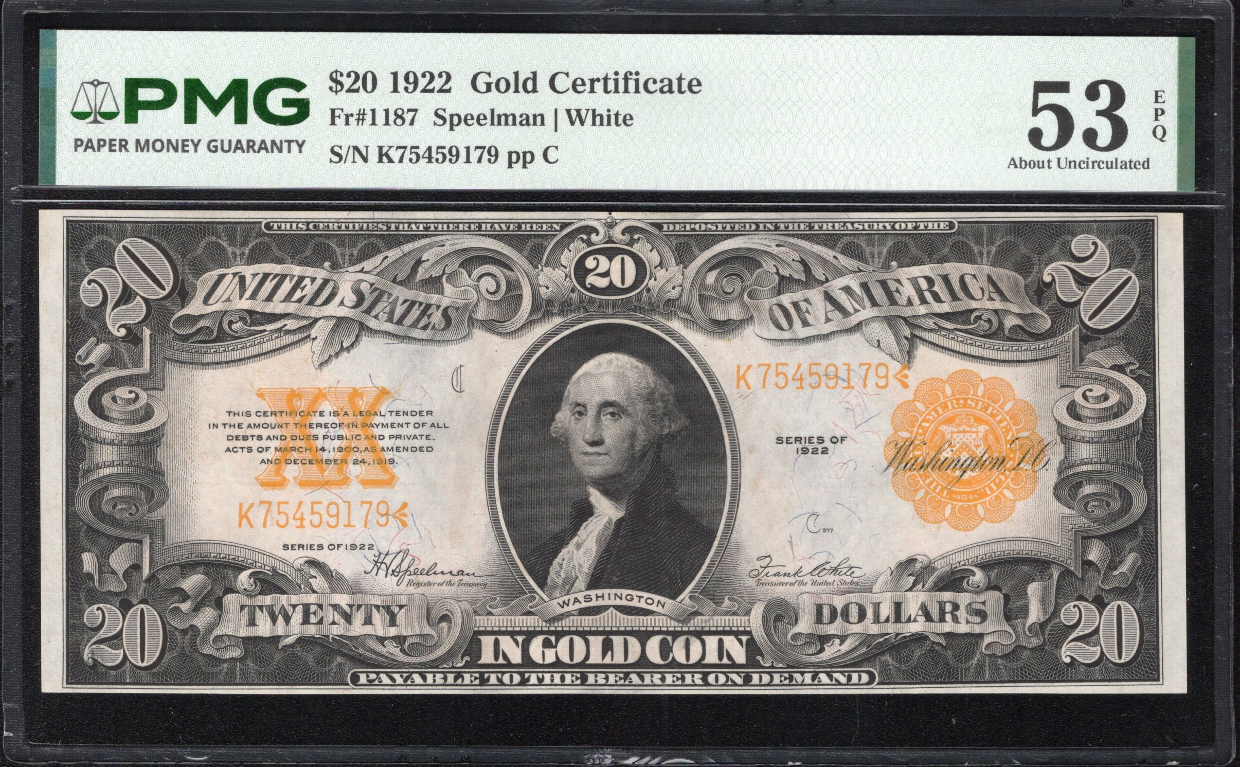 1922 $20 GOLD CERTIFICATE PMG 53 EPQ Fr 1187 59179