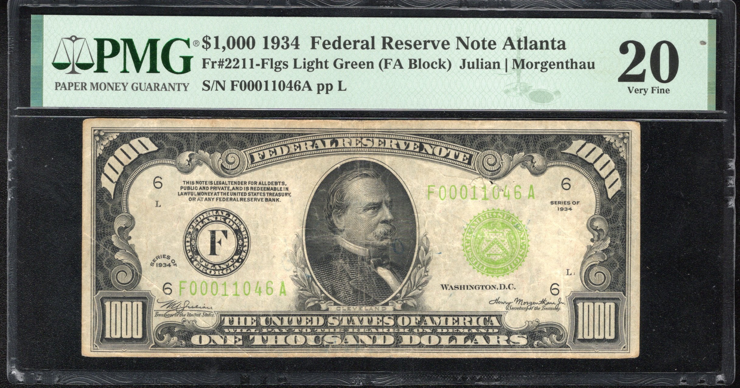 1934 $1000 Atlanta One Thousand Dollar Bill Light Green Seal FRN PMG 20 LGS