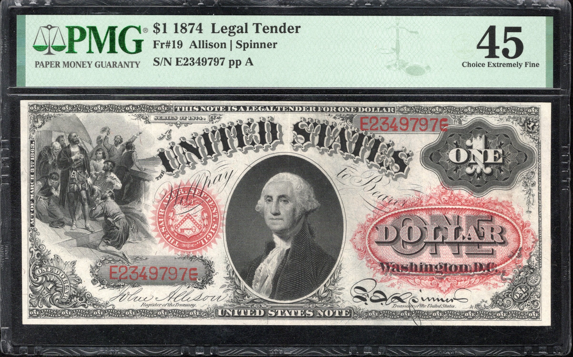 1874 $1 LEGAL TENDER NOTE "SAWHORSE" PMG 45 Fr 19 49797