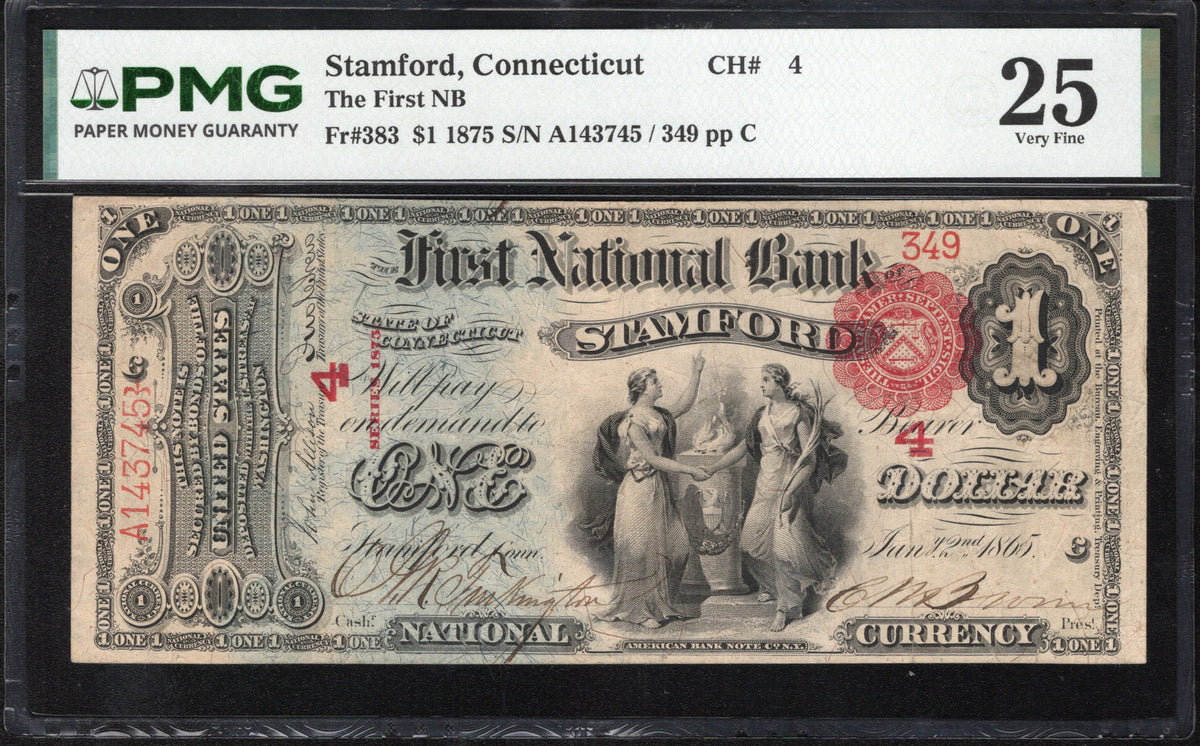 1875 $1 STAMFORD, CT NATIONAL BANK NOTE PMG 25 CONNECTICUT ONE DOLLAR BILL