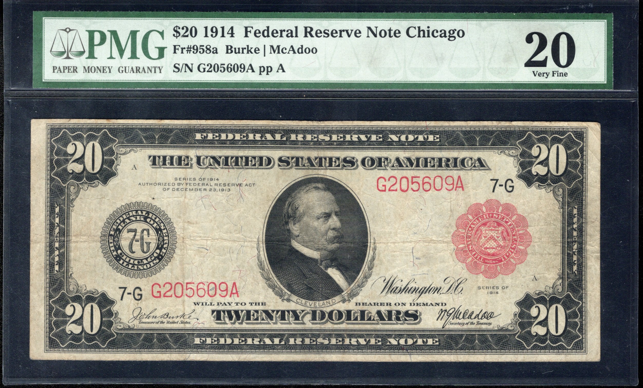 1914 $20 CHICAGO RED SEAL FEDERAL RESERVE NOTE FRN PMG 20 Fr 958a 05609