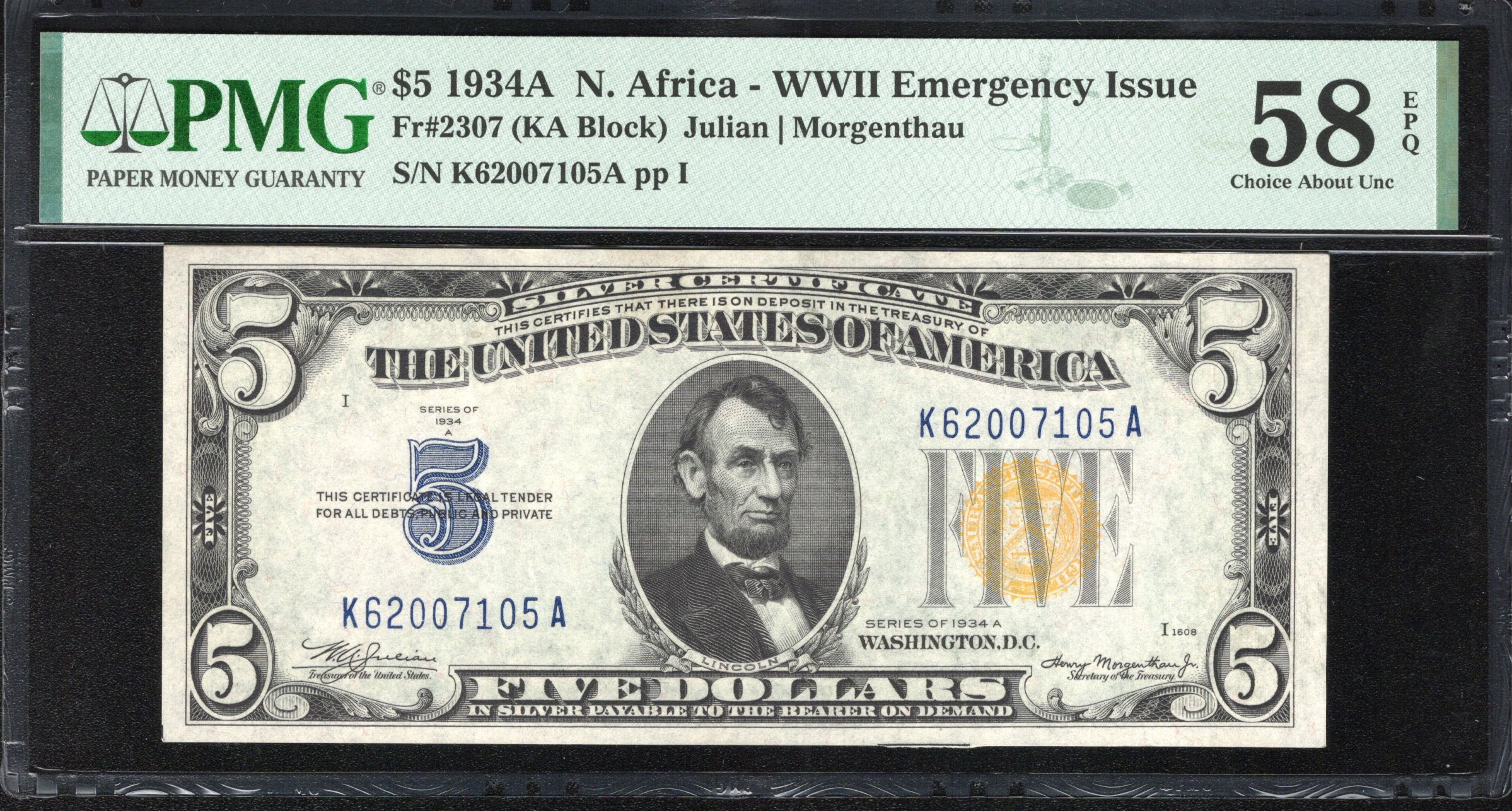 1934-A $5 NORTH AFRICA Silver Certificate PMG 58 EPQ Fr 2307 WWII CURRENCY 07105