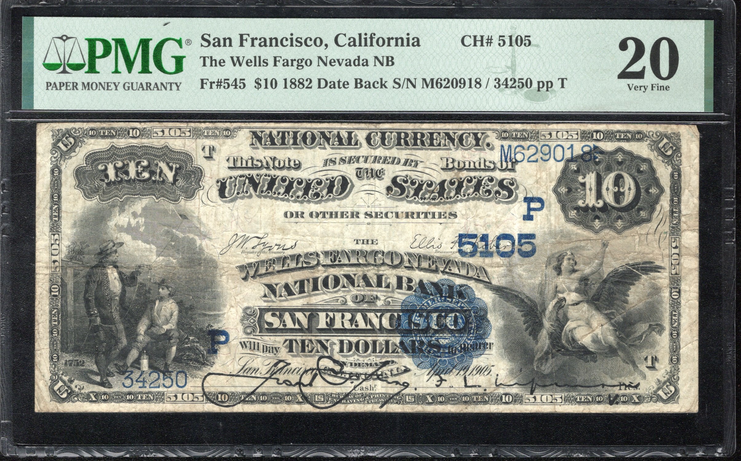 1882 $10 SAN FRANCISCO, CA WELLS FARGO NEVADA NATIONAL BANK PMG 20 34250