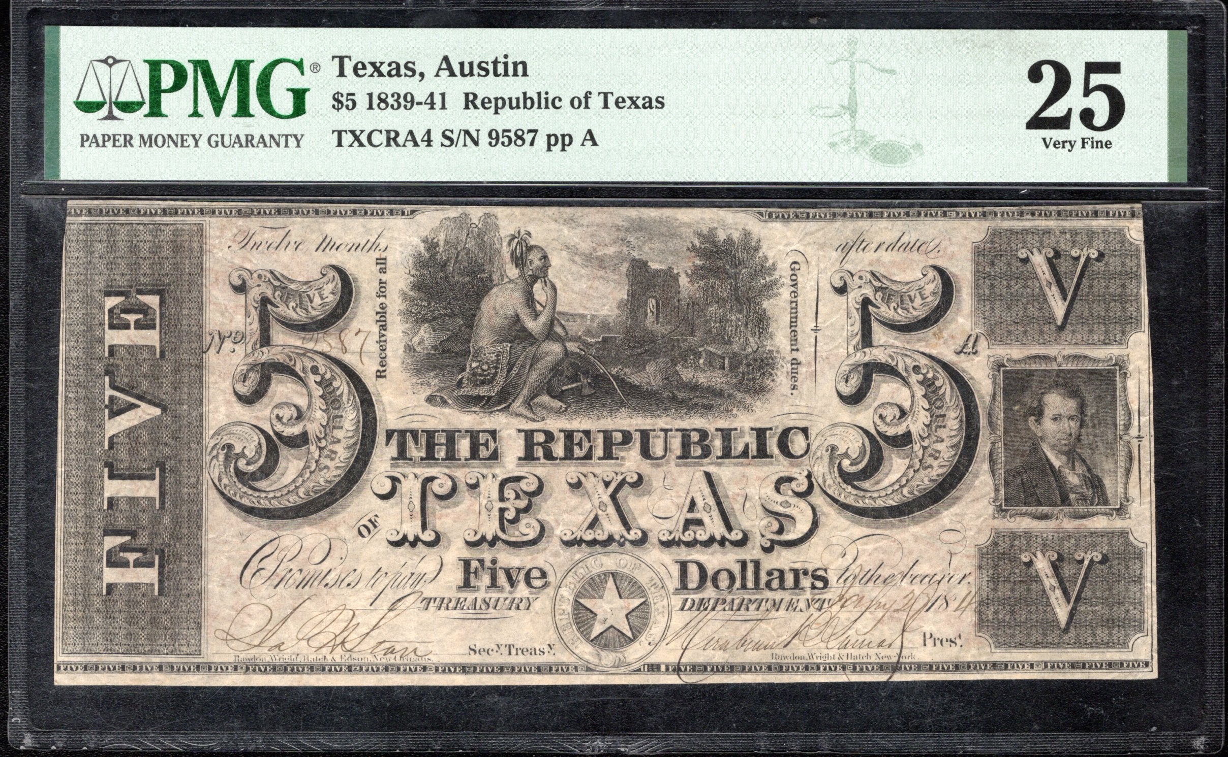 1839-41 $5 REPUBLIC OF TEXAS OBSOLETE BANK NOTE PMG 25 9587