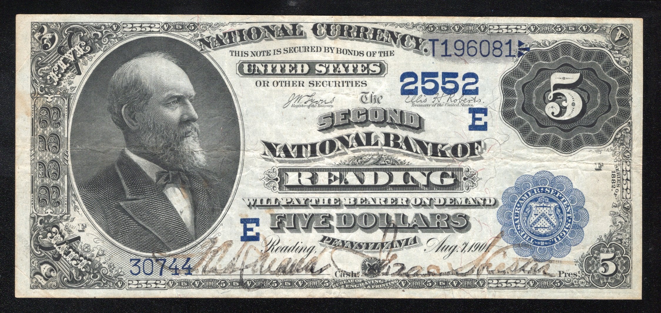 1882 $5 Reading, PA National Bank Note 30744i