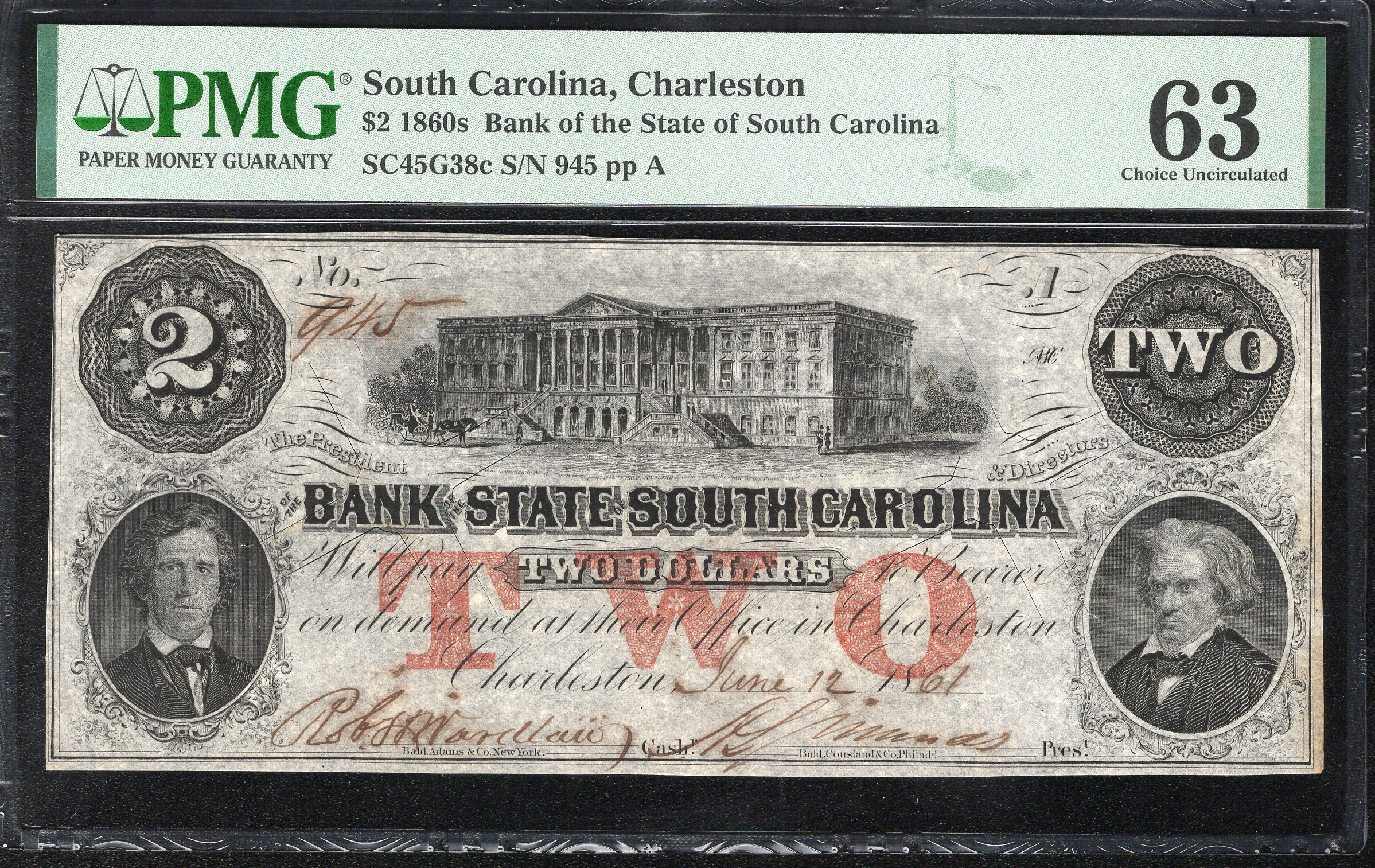 1860's $2 CHARLESTON, SC OBSOLETE BANK NOTE PMG 63  945